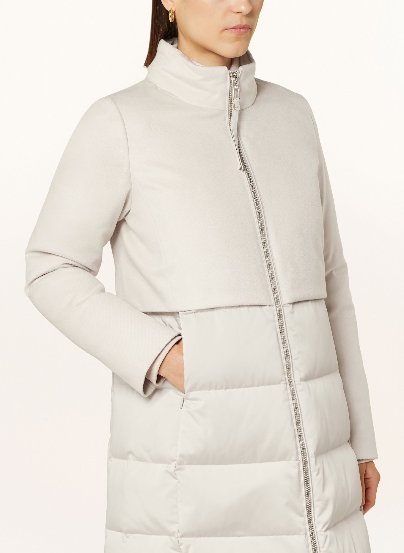 DUNO Daunenmantel PRIMA im Materialmix mit abnehmbarer Kapuze: ECRU