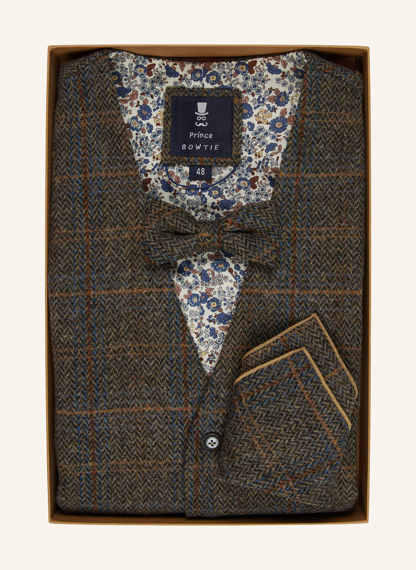 Prince BOWTIE Set: Anzugweste, Fliege und Einstecktuch: BRAUN / BLAU / BEIGE