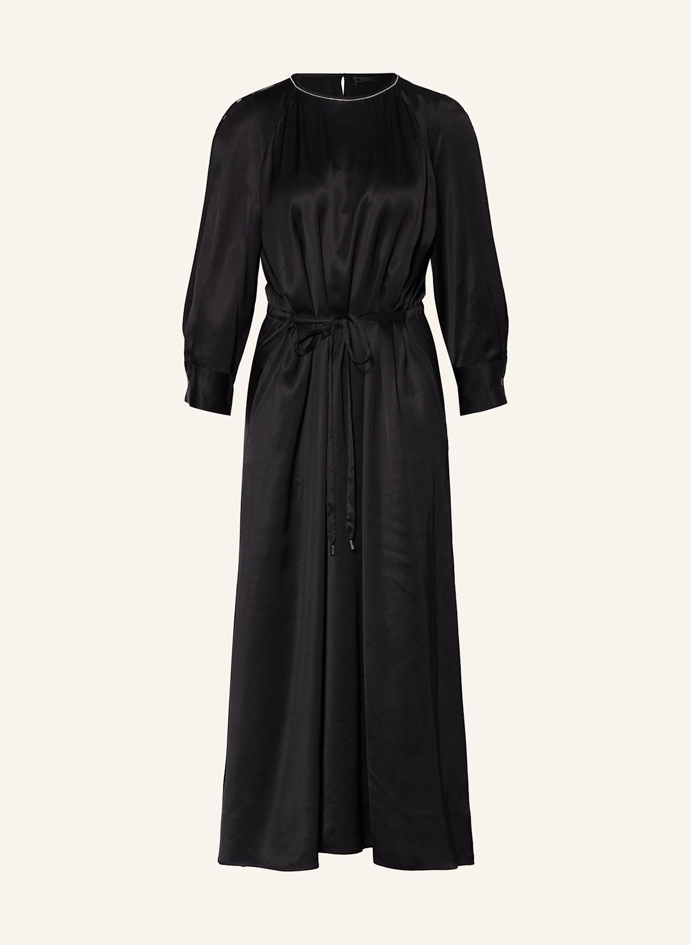 PESERICO Satinkleid mit Cut-outs und Schmucksteinen: SCHWARZ