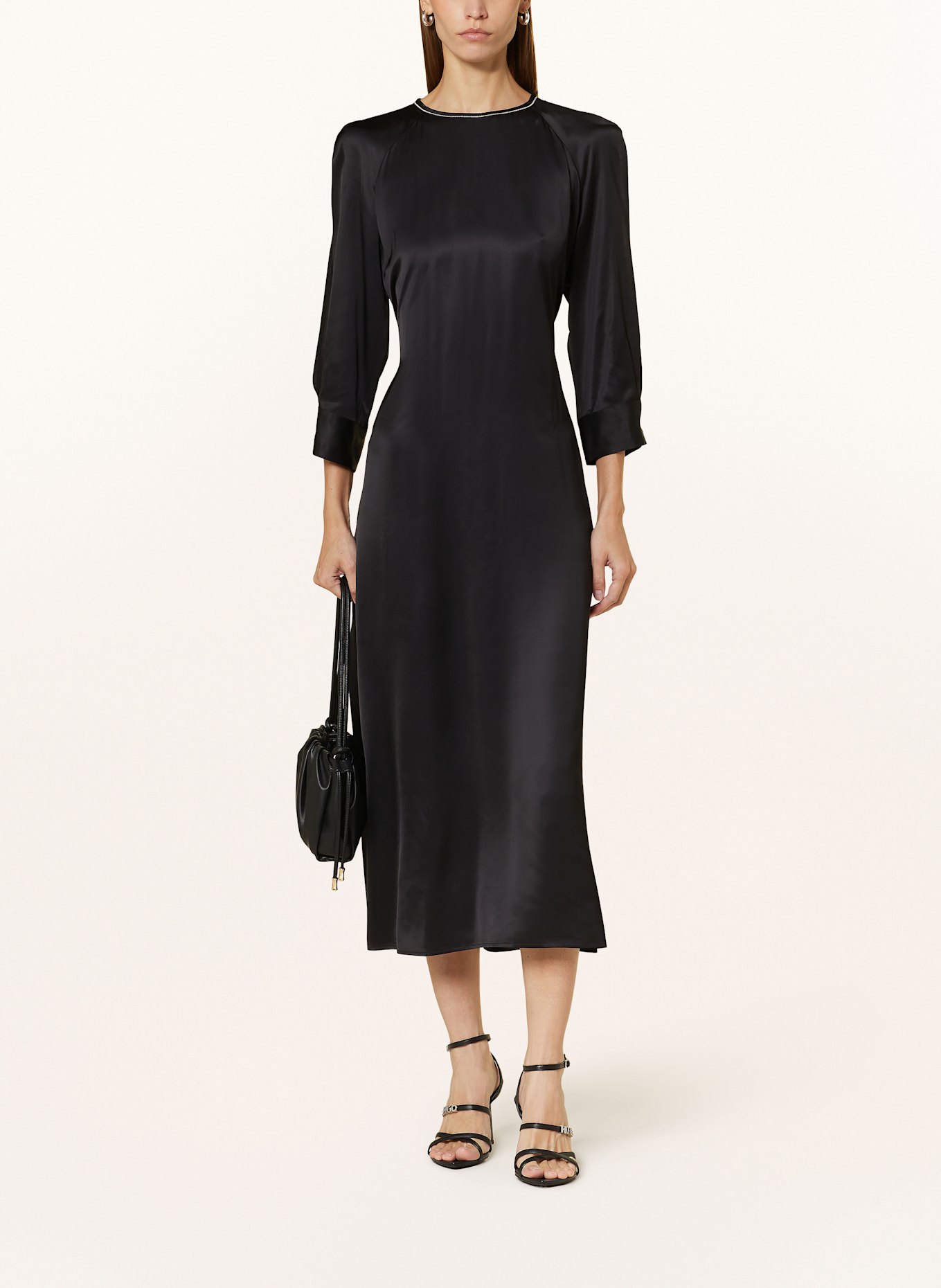 PESERICO Satinkleid mit Cut-outs und Schmucksteinen: SCHWARZ