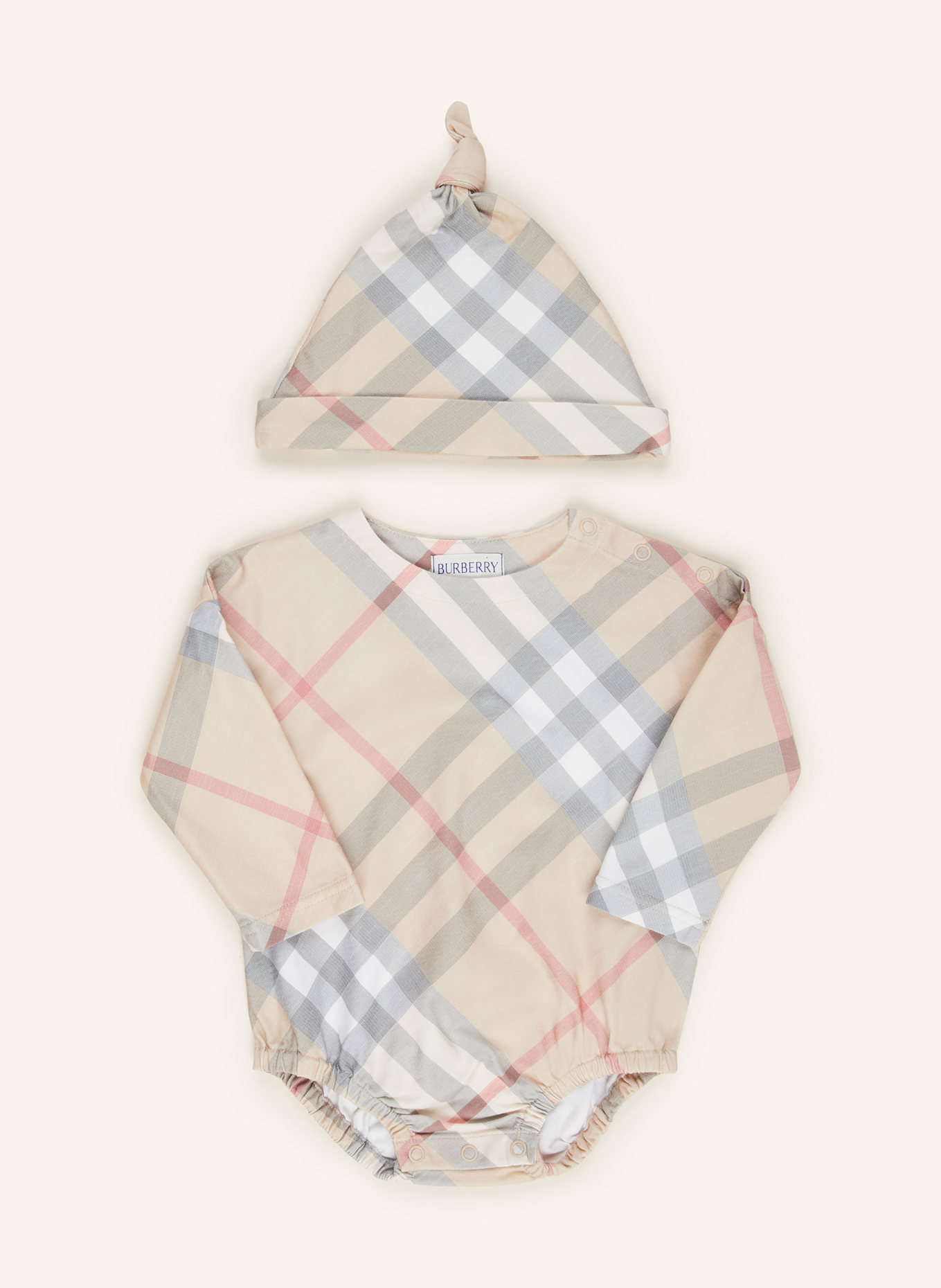 BURBERRY Zestaw Body i czapka kolor be owy czarny czerwony