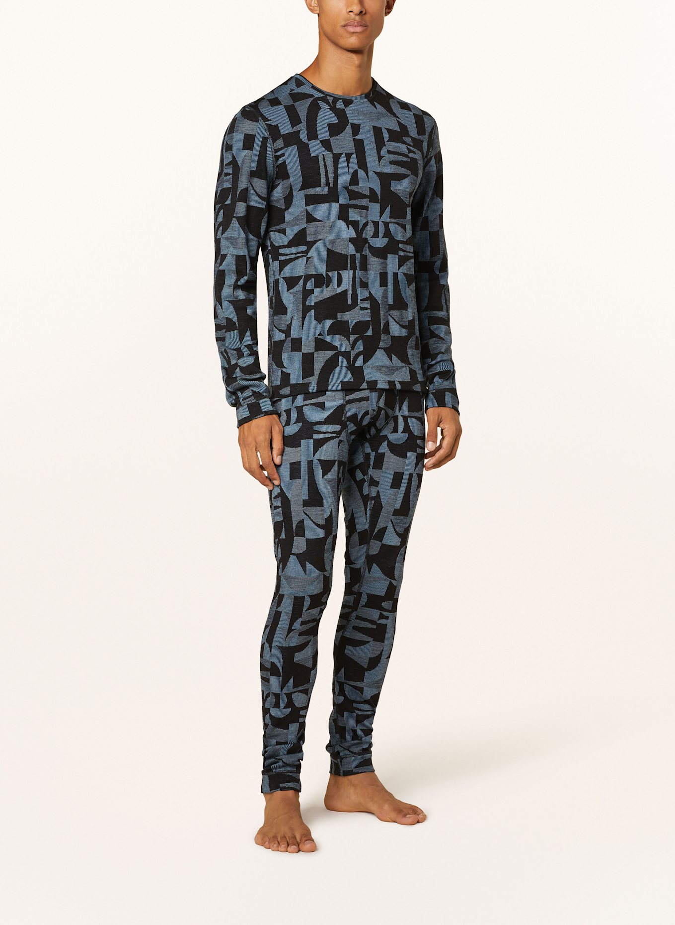 odlo Funktionswäsche-Shirt MERINO WARM JACQUARD aus Merinowolle: SCHWARZ / HELLBLAU