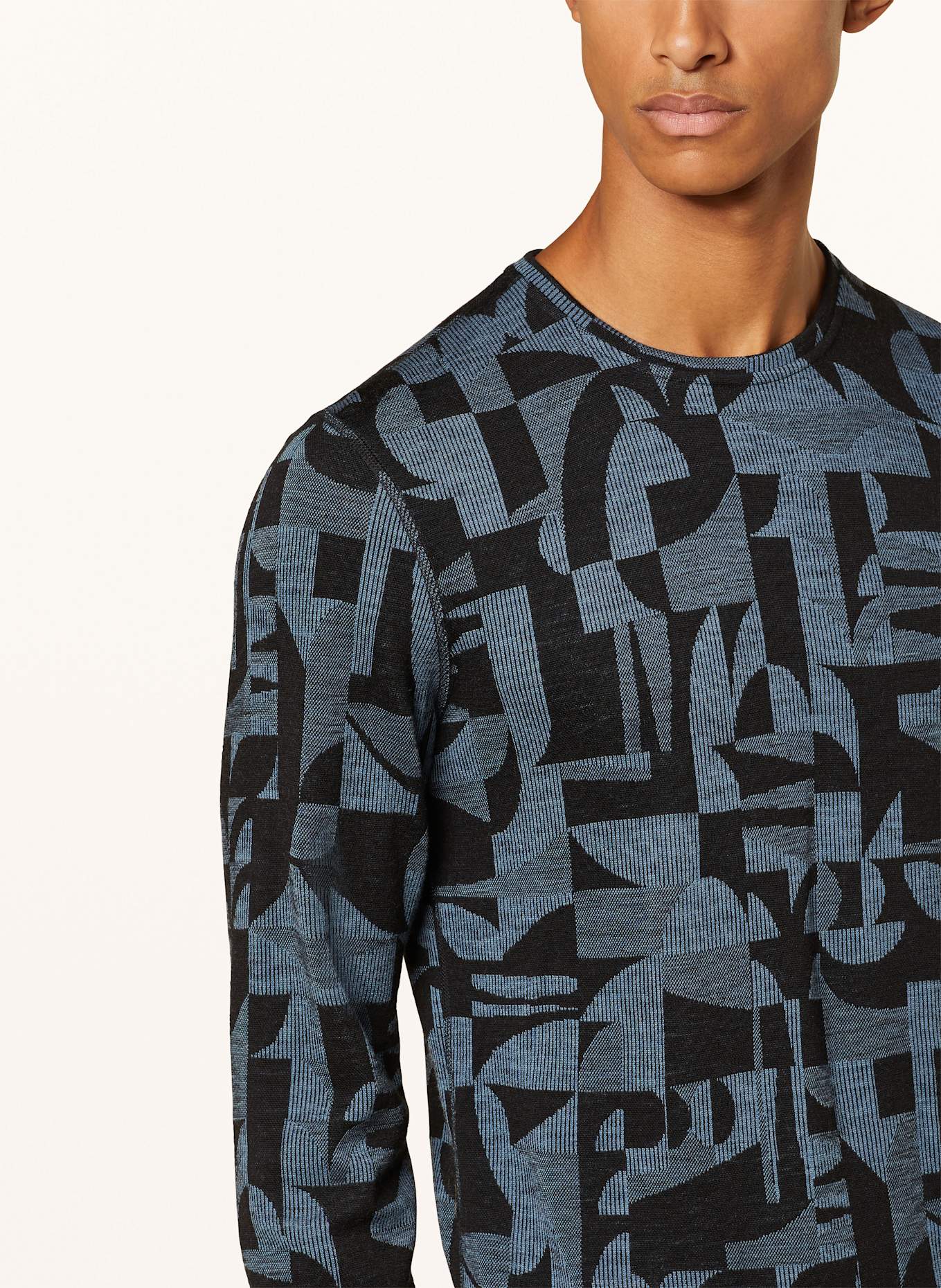 odlo Funktionswäsche-Shirt MERINO WARM JACQUARD aus Merinowolle: SCHWARZ / HELLBLAU