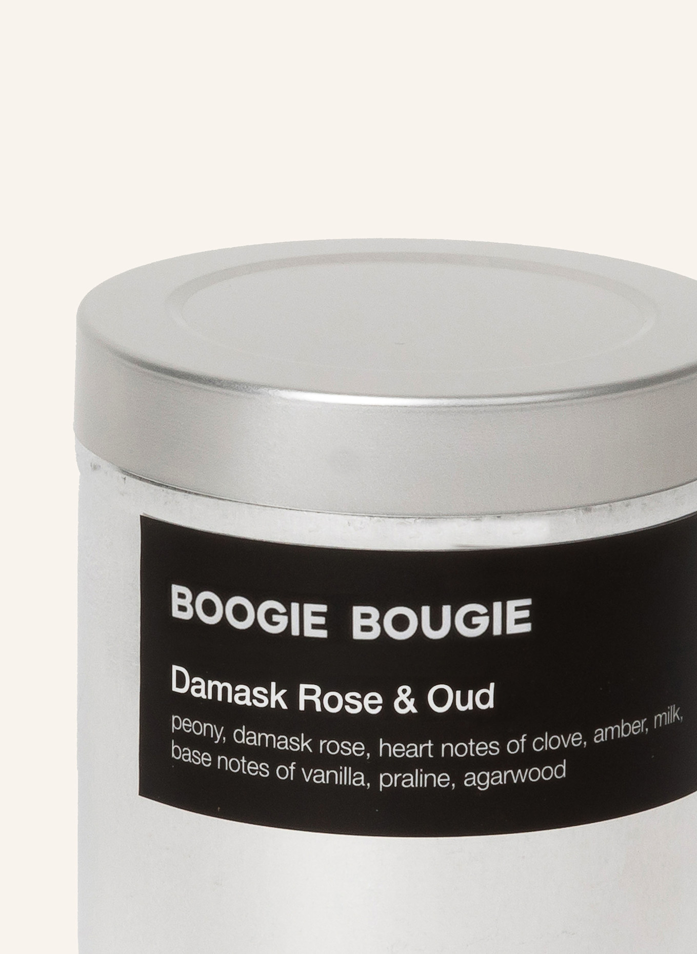 BOOGIE BOUGIE Geurkaars DAMASK ROSE &amp; OUD: ZILVER / WIT