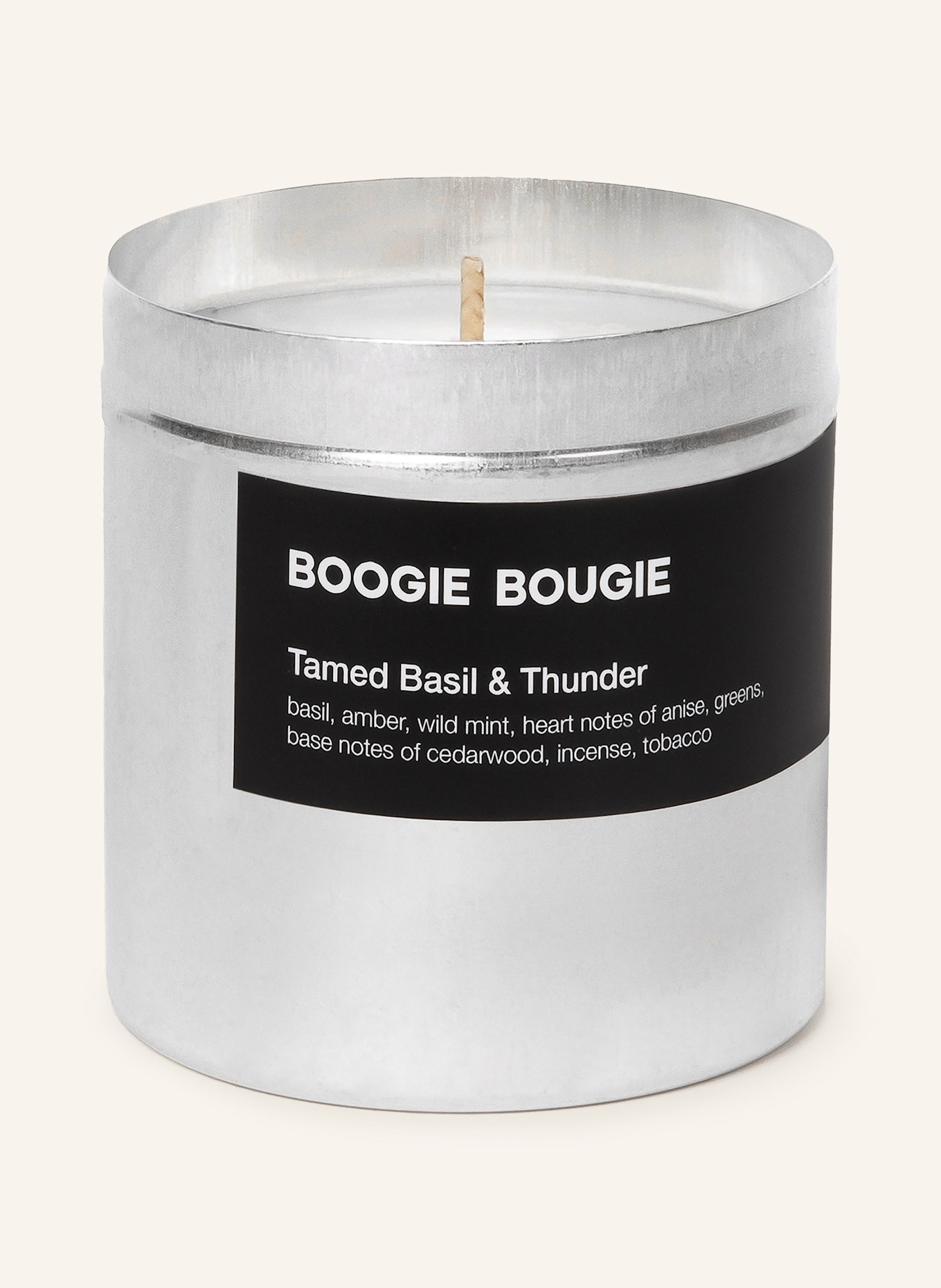 BOOGIE BOUGIE Scented candle TAMED BASIL & THUNDER: SILVER/ BLACK