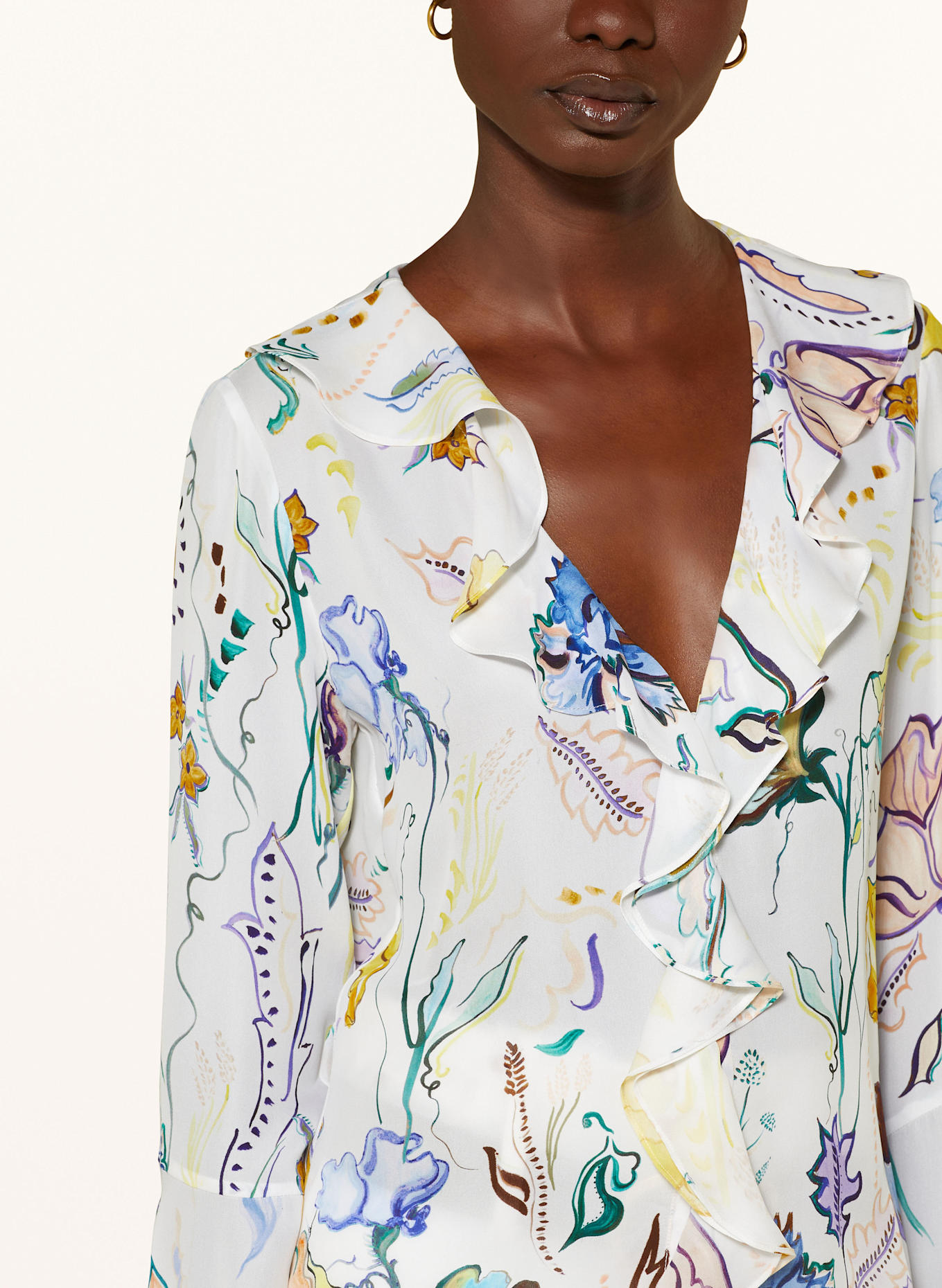 DOROTHEE SCHUMACHER Blusenshirt FLORAL TWIST aus Seide mit Volants: WEISS / GELB / BLAU
