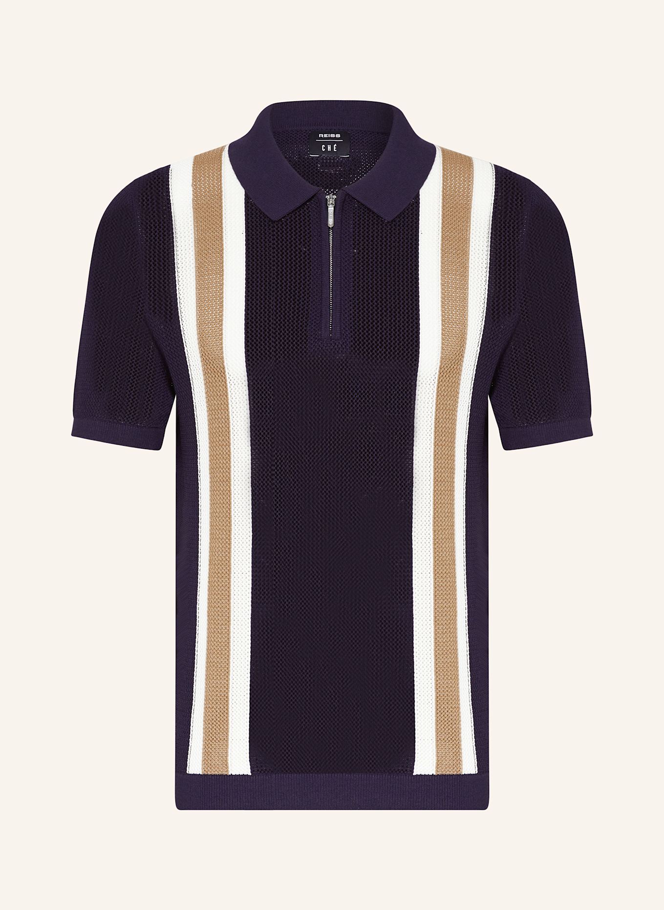 REISS Knitted polo shirt in dark blue white camel