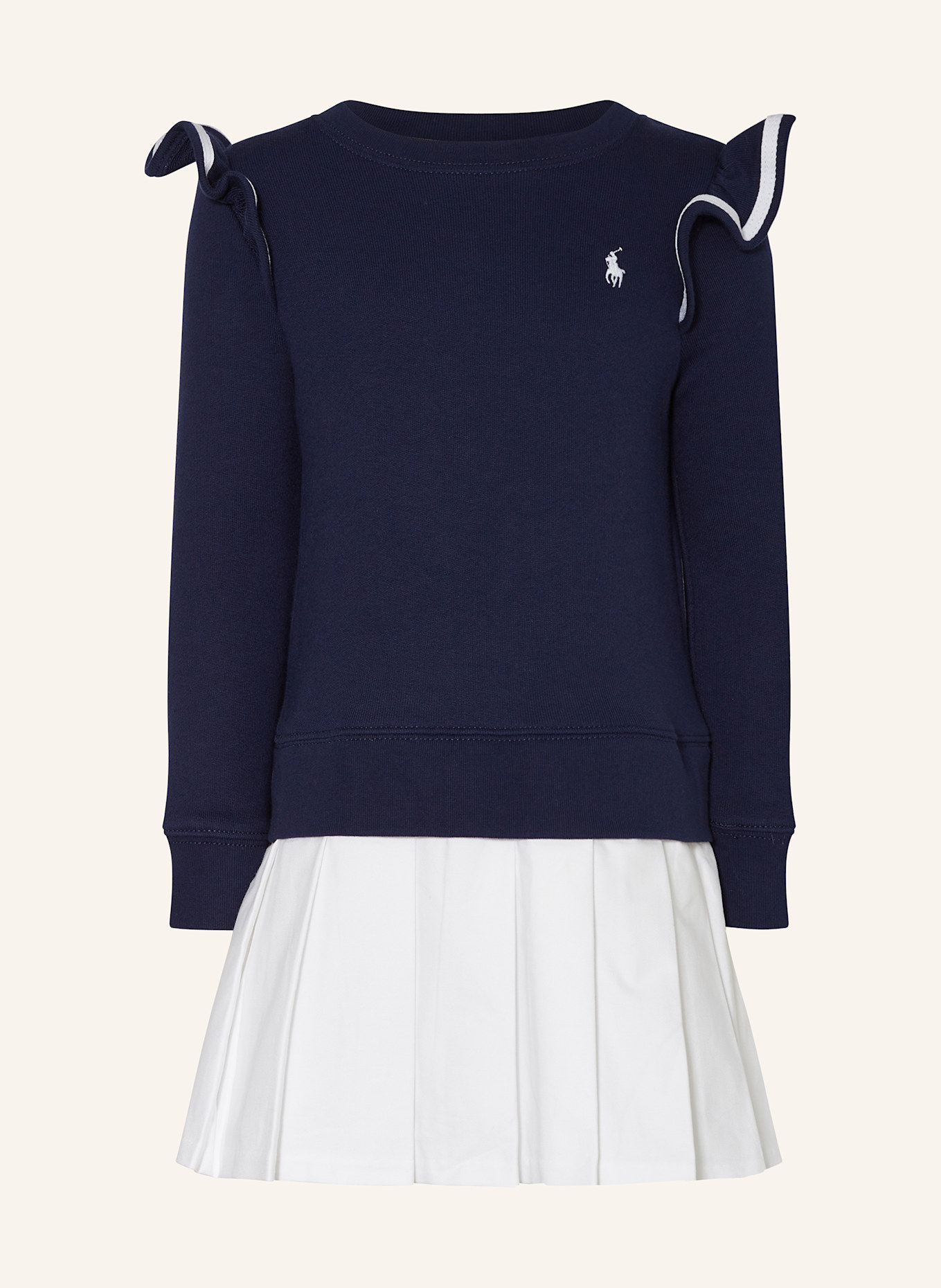 POLO RALPH LAUREN Kleid im Materialmix mit Rüschen: DUNKELBLAU/ WEISS