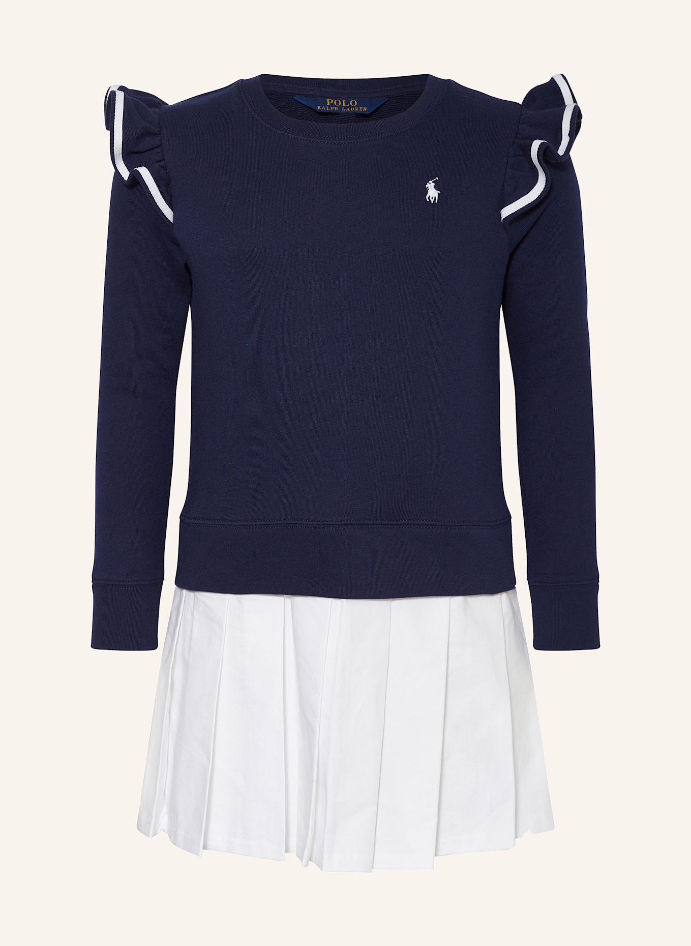 POLO RALPH LAUREN Kleid im Materialmix mit Rüschen: DUNKELBLAU/ WEISS
