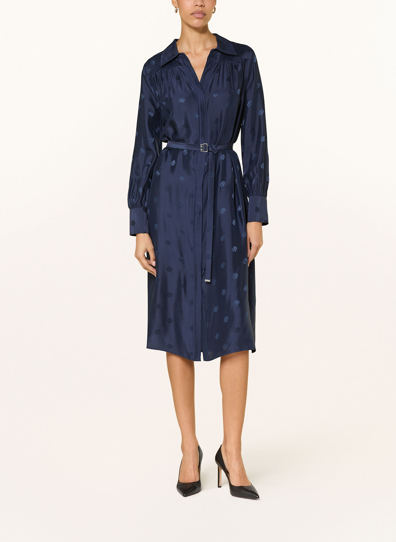 BOSS Robe chemise DIESHINA en jacquard et soie: BLEU FONCÉ