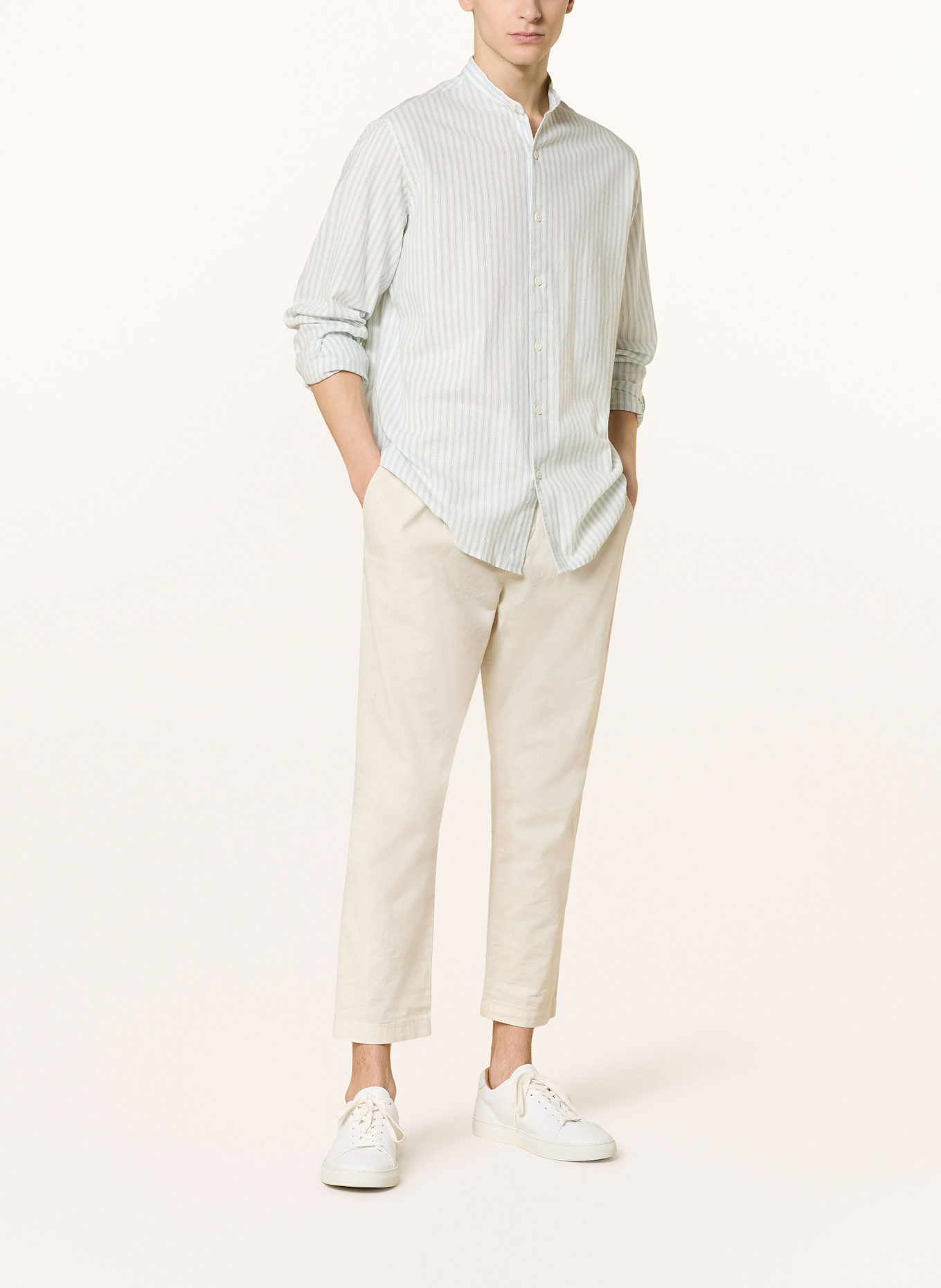 PAUL Comfort fit shirt with stand-up collar and linen: WHITE / LIGHT GREEN
