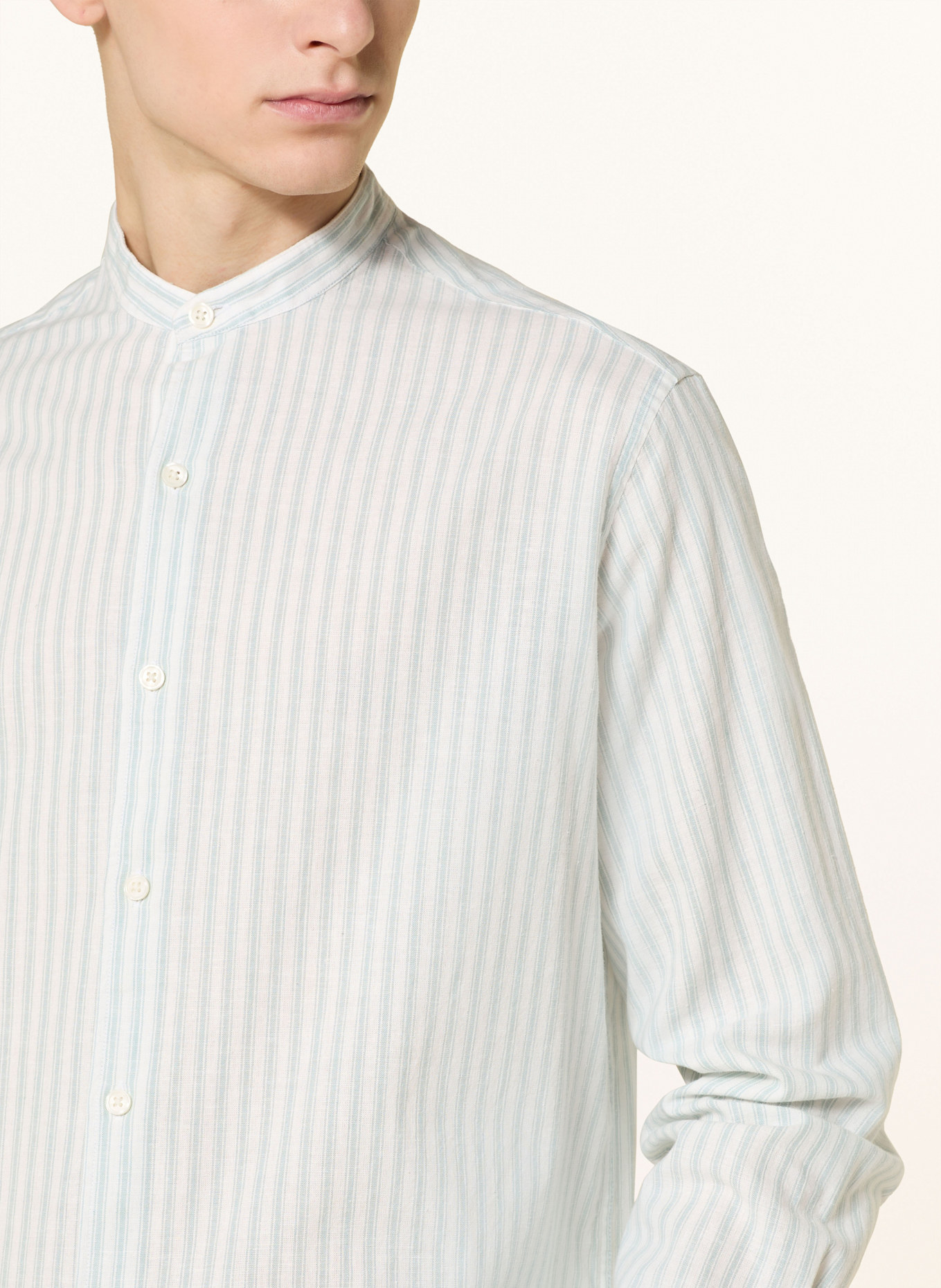 PAUL Comfort fit shirt with stand-up collar and linen: WHITE / LIGHT GREEN