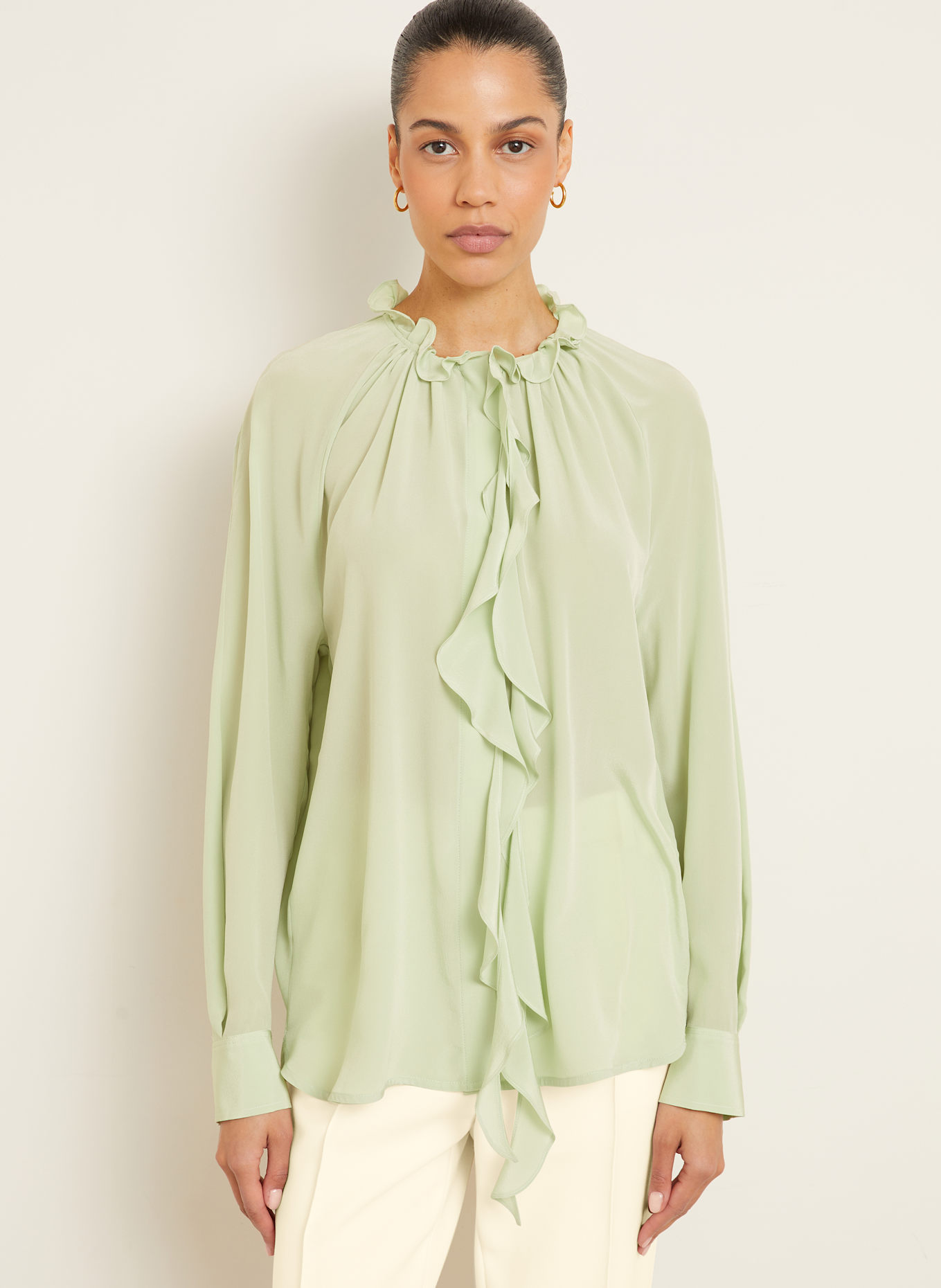 VICTORIA BECKHAM Silk blouse with bow and ruffles in light green