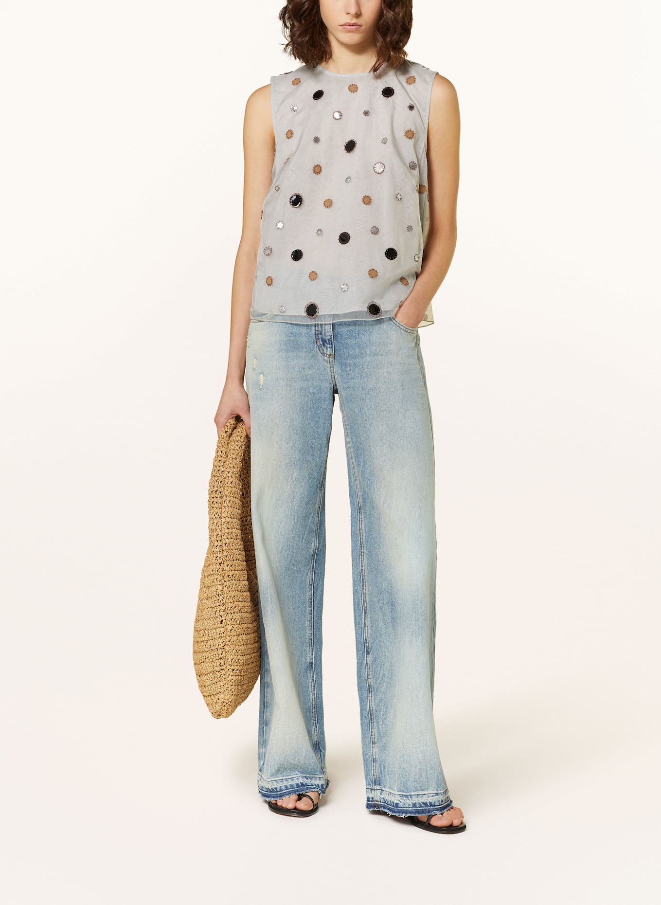 LUISA CERANO Blouse top with sequins: LIGHT GRAY / BLACK / BROWN