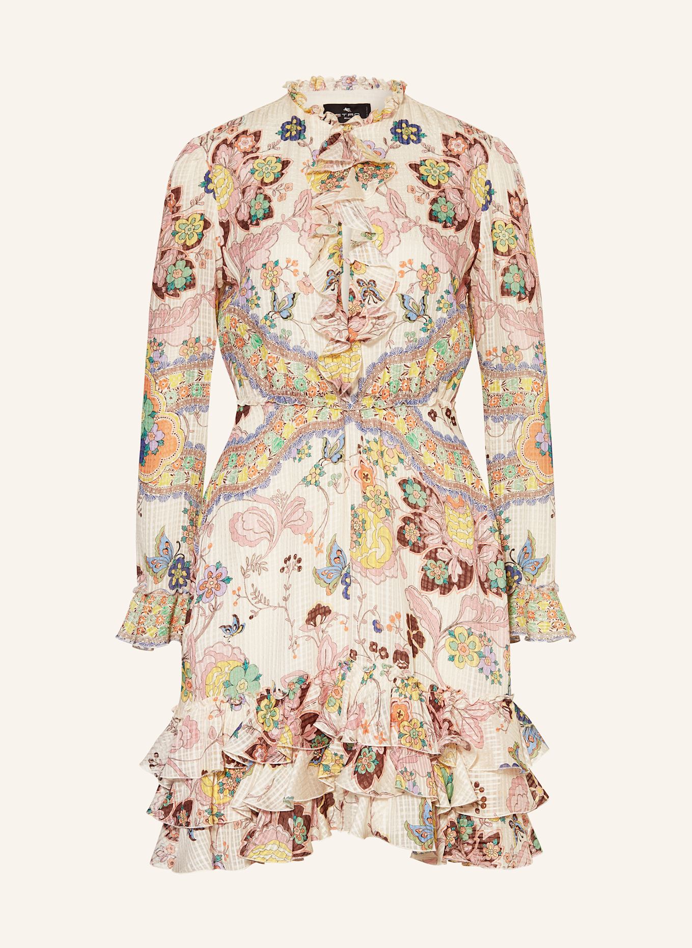 ETRO Seidenkleid mit Rüschen: CREME / HELLROSA / BRAUN
