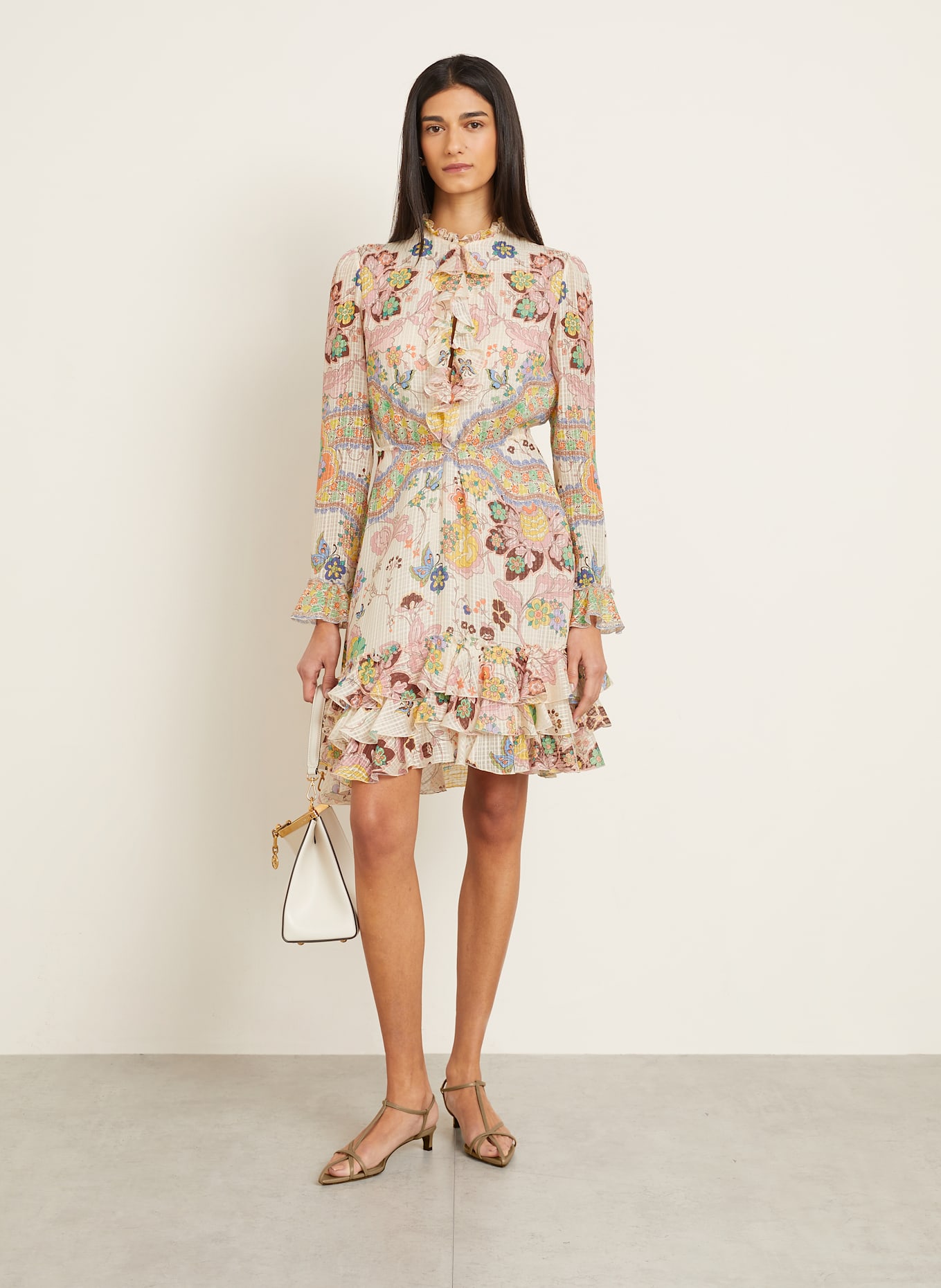 ETRO Seidenkleid mit Rüschen: CREME / HELLROSA / BRAUN