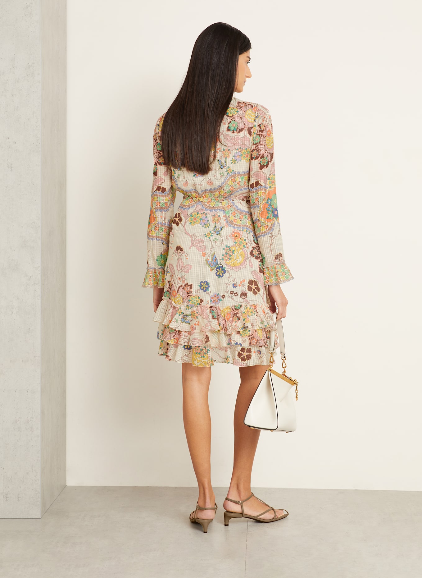 ETRO Seidenkleid mit Rüschen: CREME / HELLROSA / BRAUN