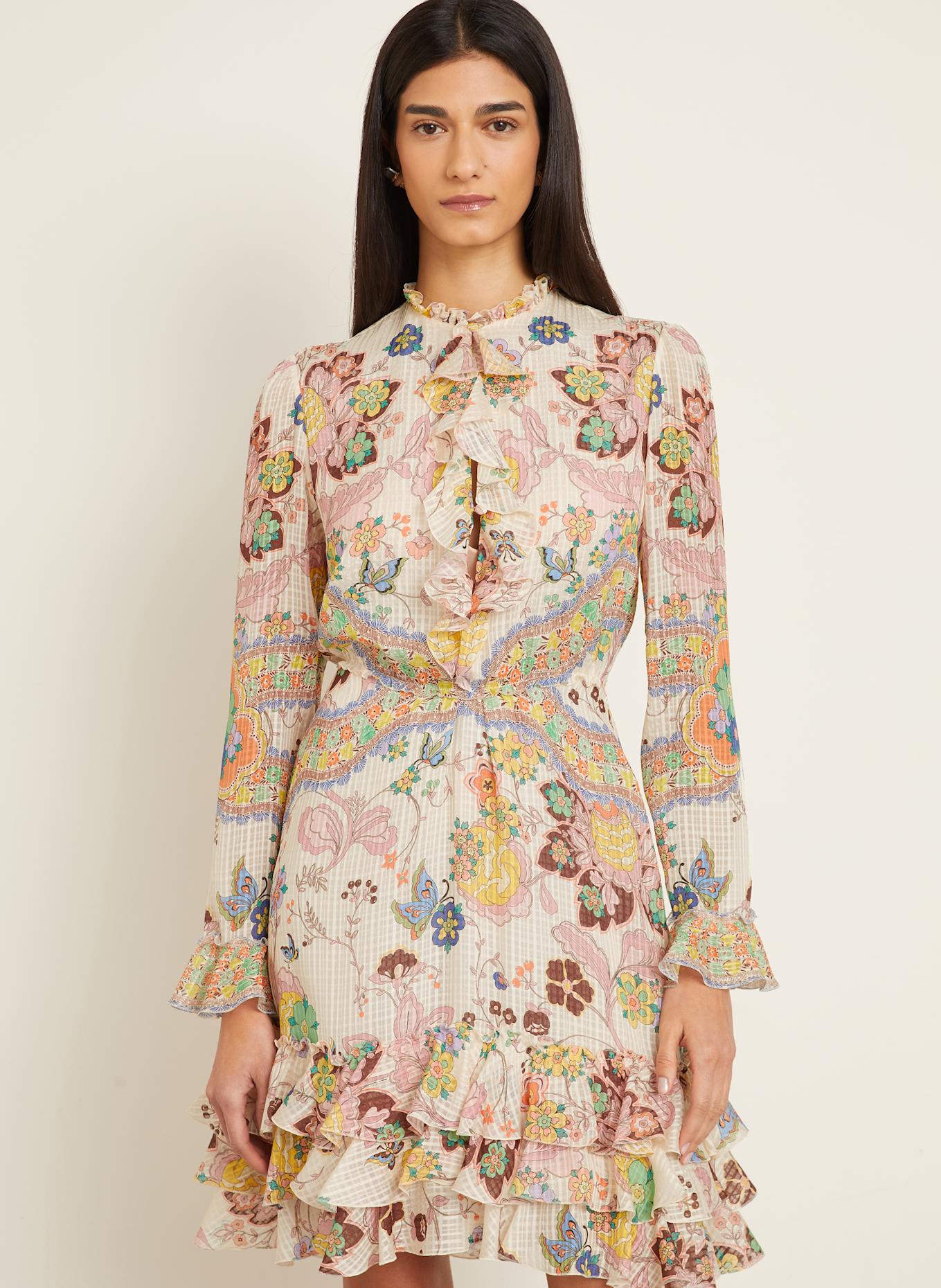 ETRO Seidenkleid mit Rüschen: CREME / HELLROSA / BRAUN