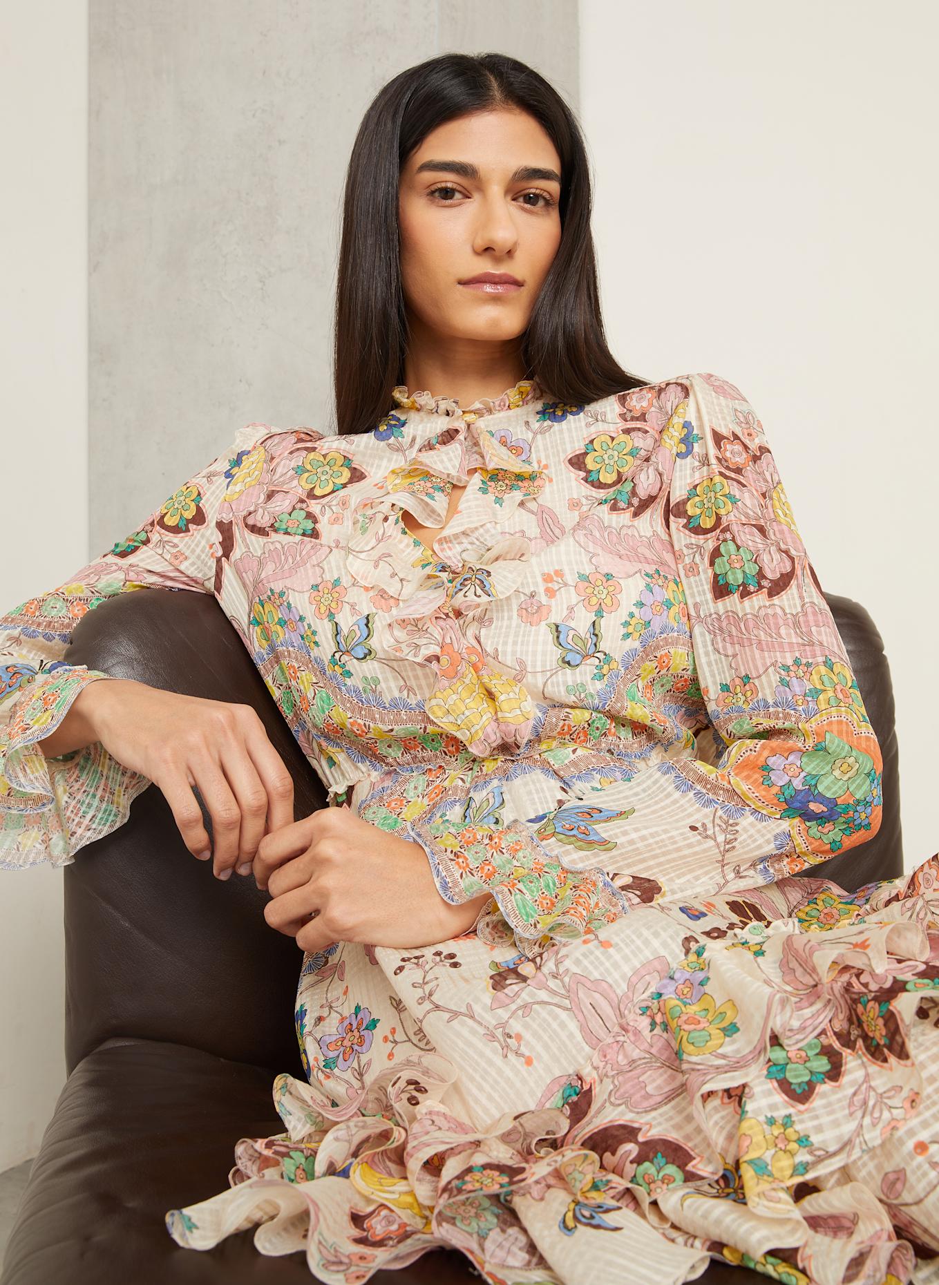 ETRO Seidenkleid mit Rüschen: CREME / HELLROSA / BRAUN