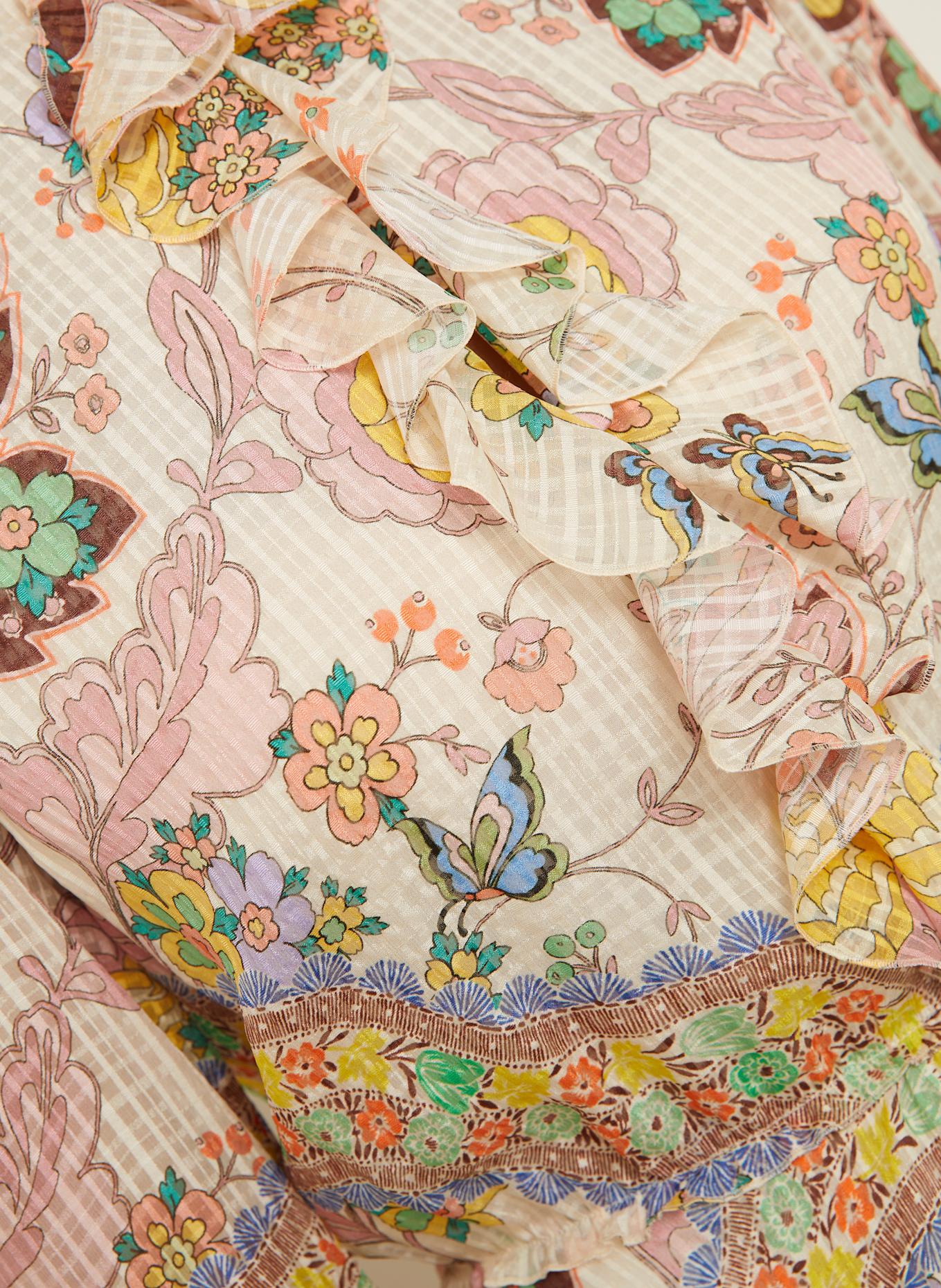 ETRO Seidenkleid mit Rüschen: CREME / HELLROSA / BRAUN