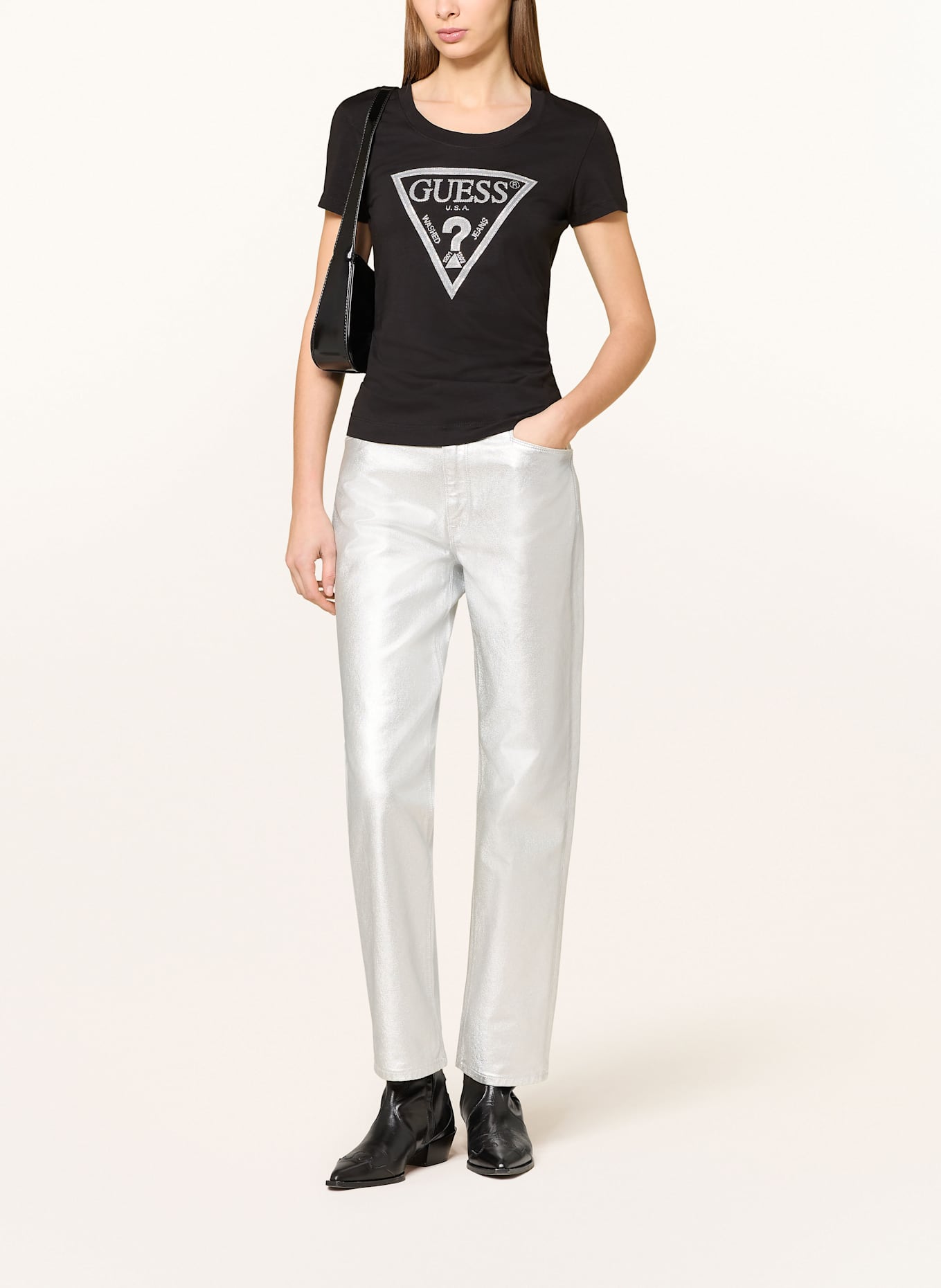 GUESS T-shirt with decorative gems: BLACK/ SILVER