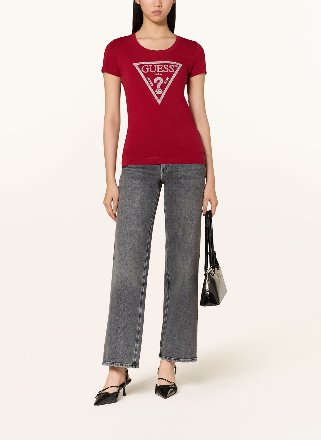 GUESS T-Shirt mit Schmucksteinen: DUNKELROT