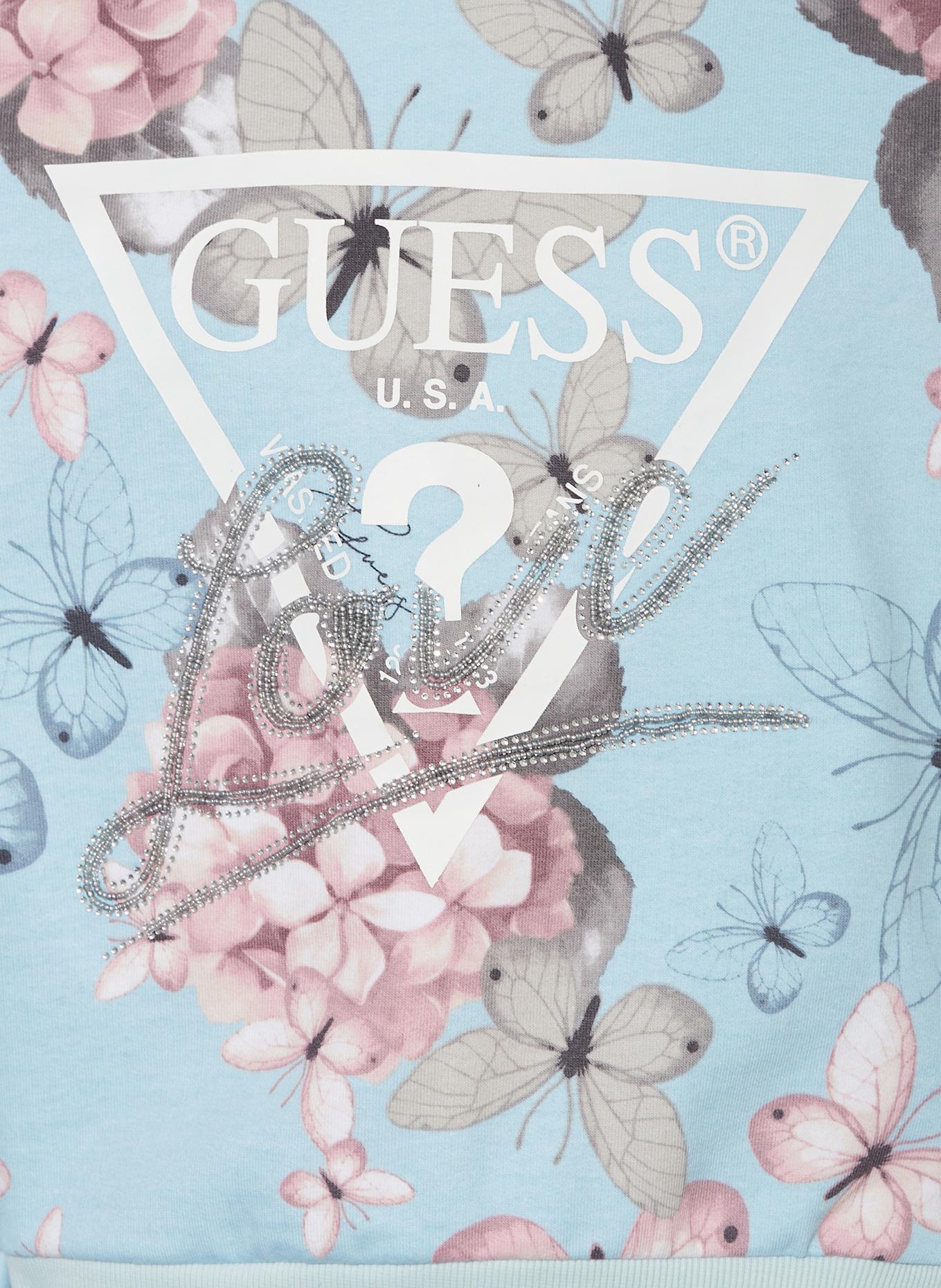 GUESS Sweatshirt mit Schmucksteinen: HELLBLAU / ROSÉ / TAUPE