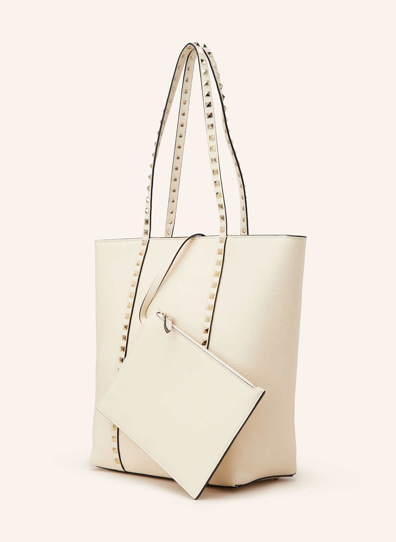 VALENTINO GARAVANI Shopper ROCKSTUD mit Pouch und Nieten: CREME
