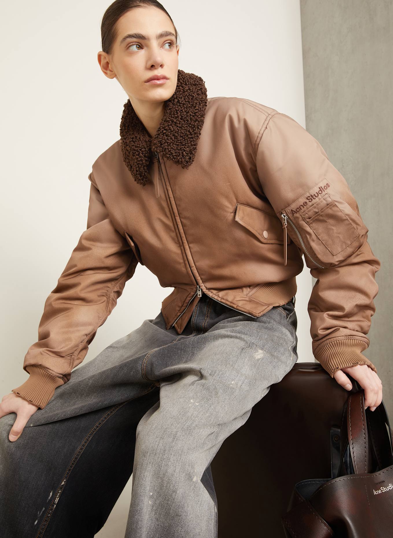Acne Studios Bomber jacket with teddy: BROWN