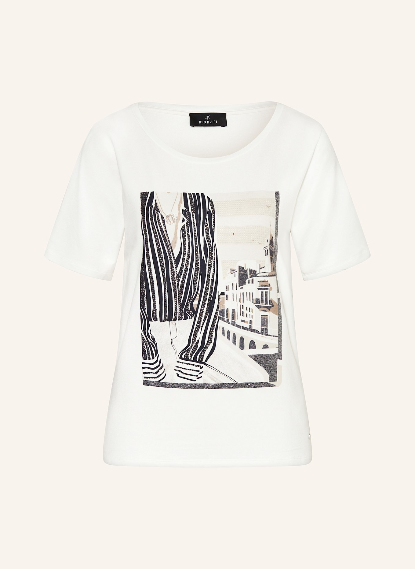monari T-Shirt mit Schmucksteinen: WEISS/ SCHWARZ/ BEIGE