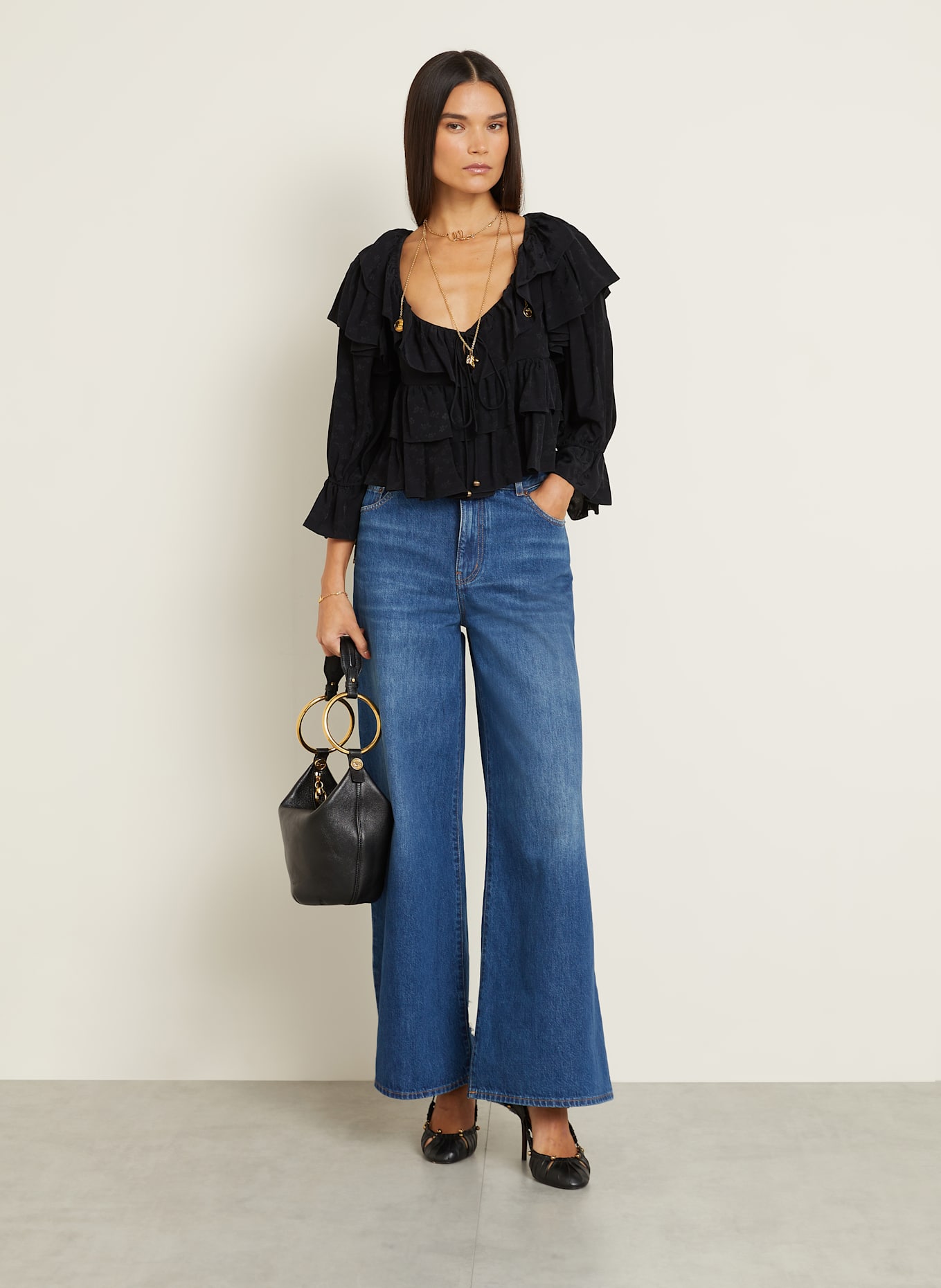 Chloé Blouse courte à manches 3/4 et volants: NOIR