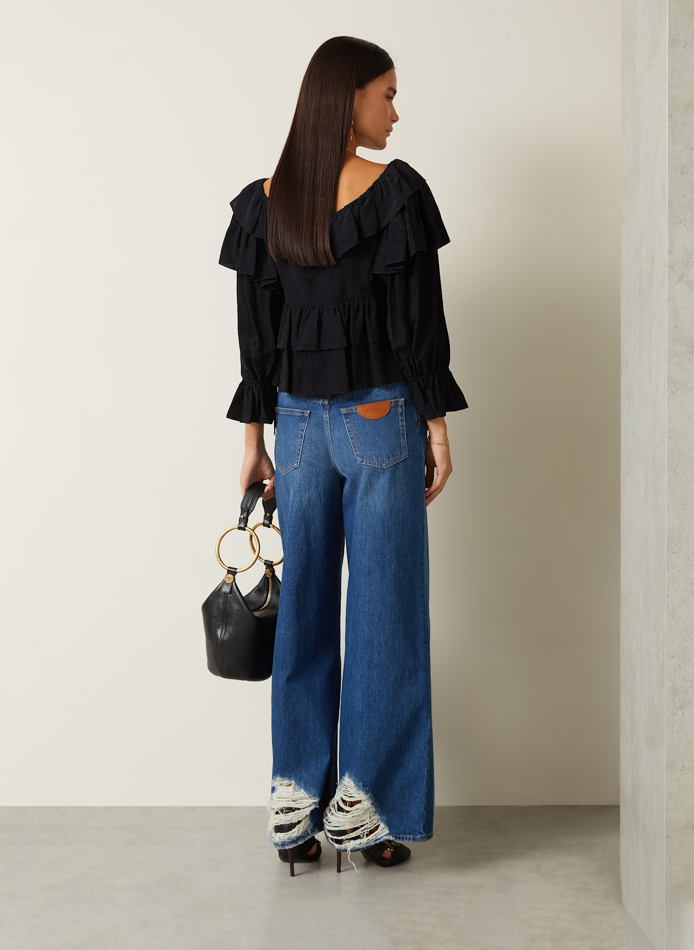 Chloé Blouse courte à manches 3/4 et volants: NOIR