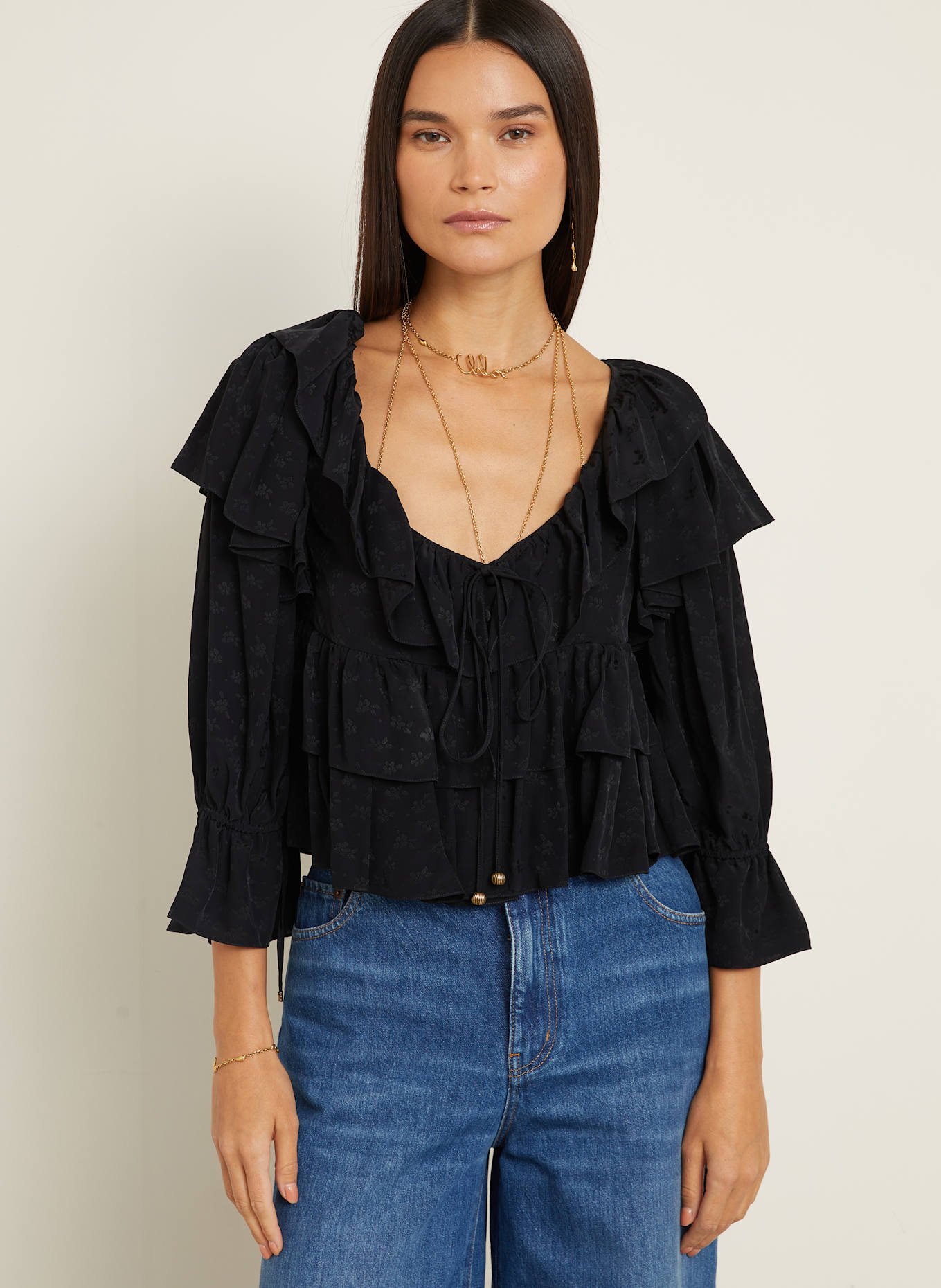 Chloé Blouse courte à manches 3/4 et volants: NOIR