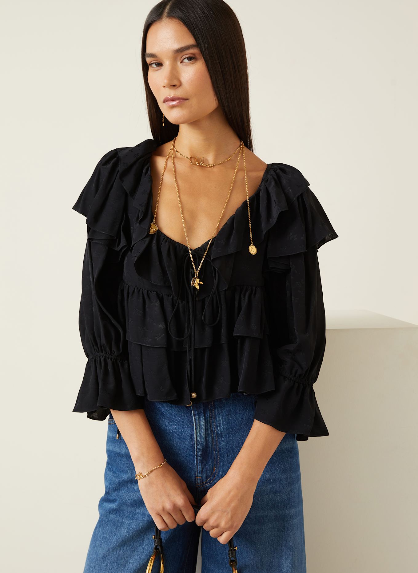 Chloé Blouse courte à manches 3/4 et volants: NOIR