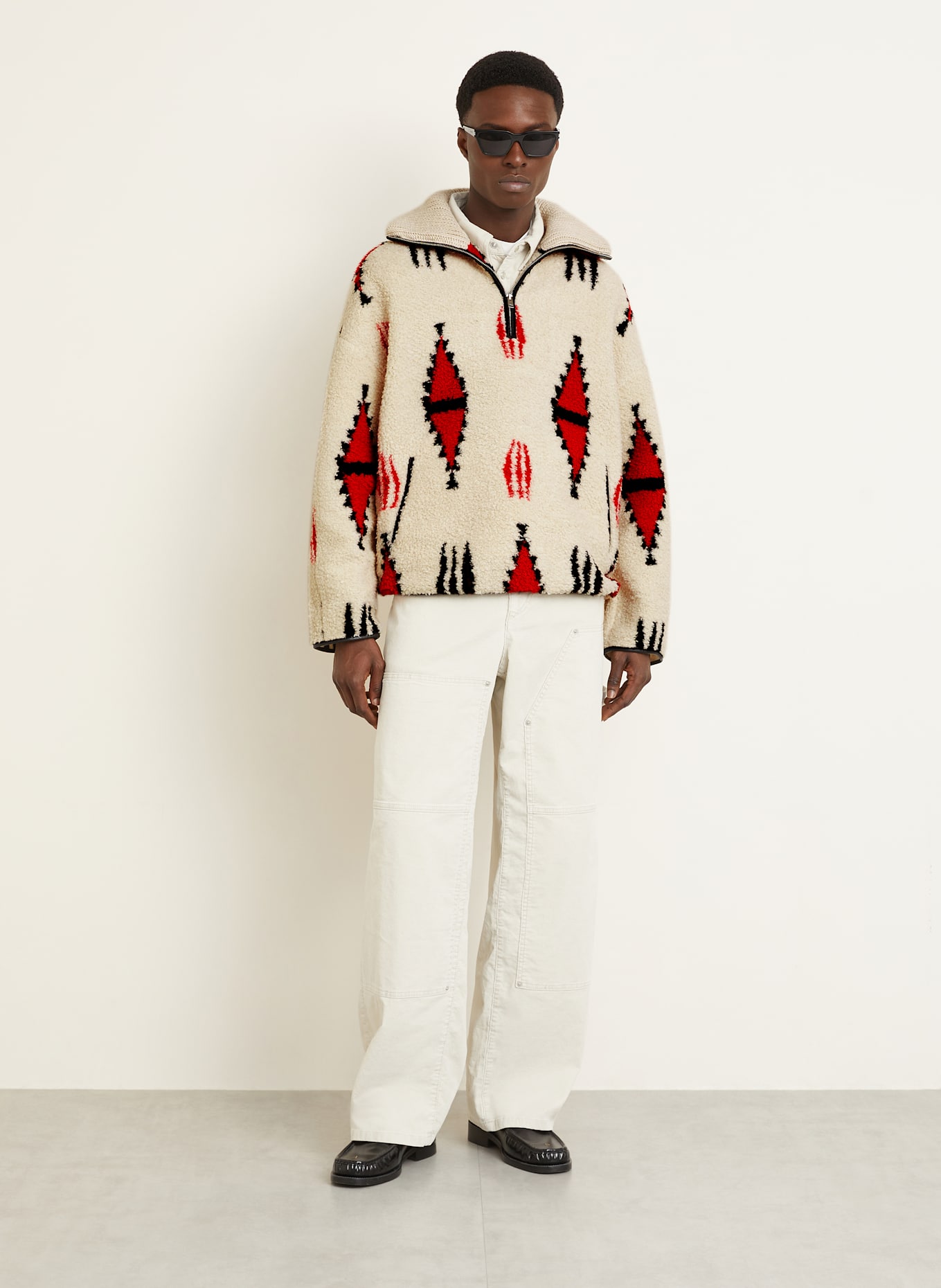 ISABEL MARANT Schlupfjacke MARLO mit Teddyfell: ECRU/ ROT/ SCHWARZ
