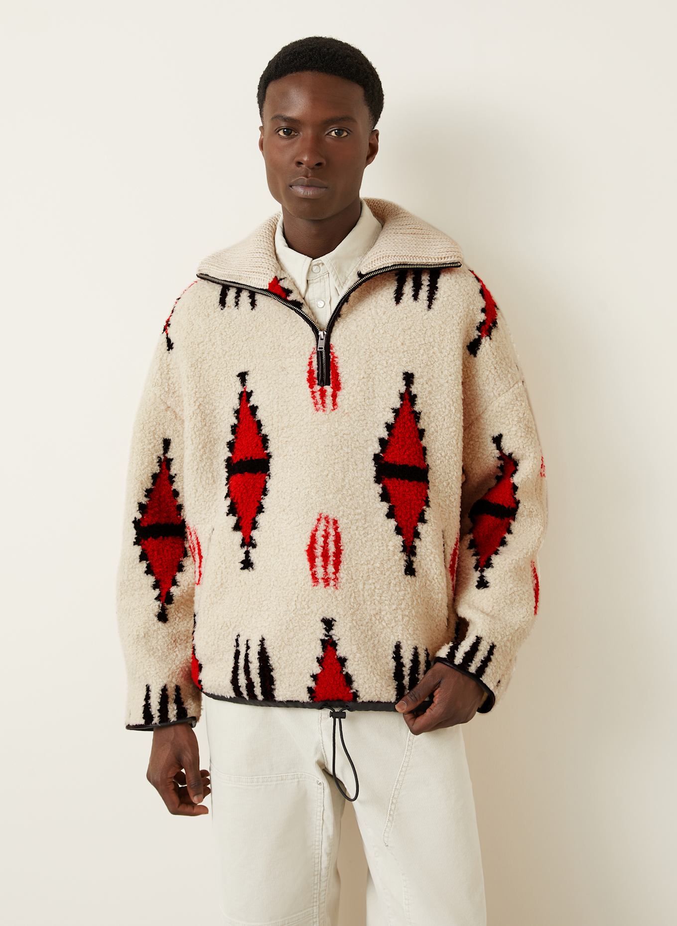 ISABEL MARANT Schlupfjacke MARLO mit Teddyfell: ECRU/ ROT/ SCHWARZ
