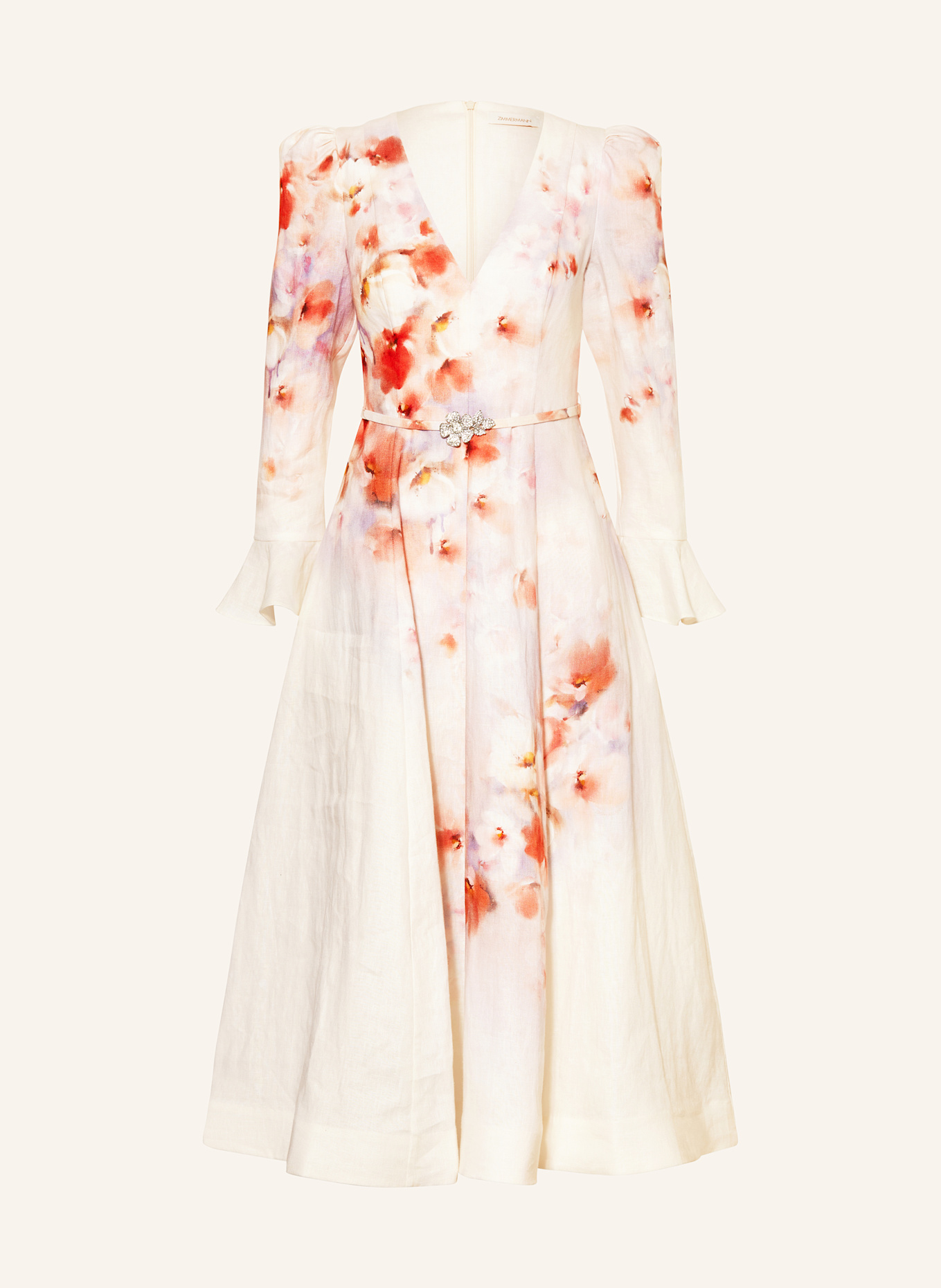ZIMMERMANN Linen dress with frills and decorative gems: WHITE / LIGHT RED / LIGHT PURPLE