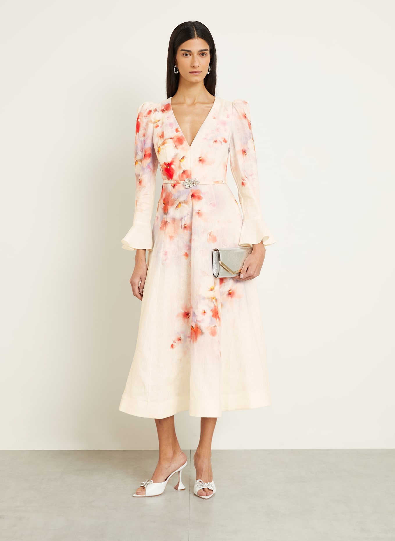 ZIMMERMANN Linen dress with frills and decorative gems: WHITE / LIGHT RED / LIGHT PURPLE