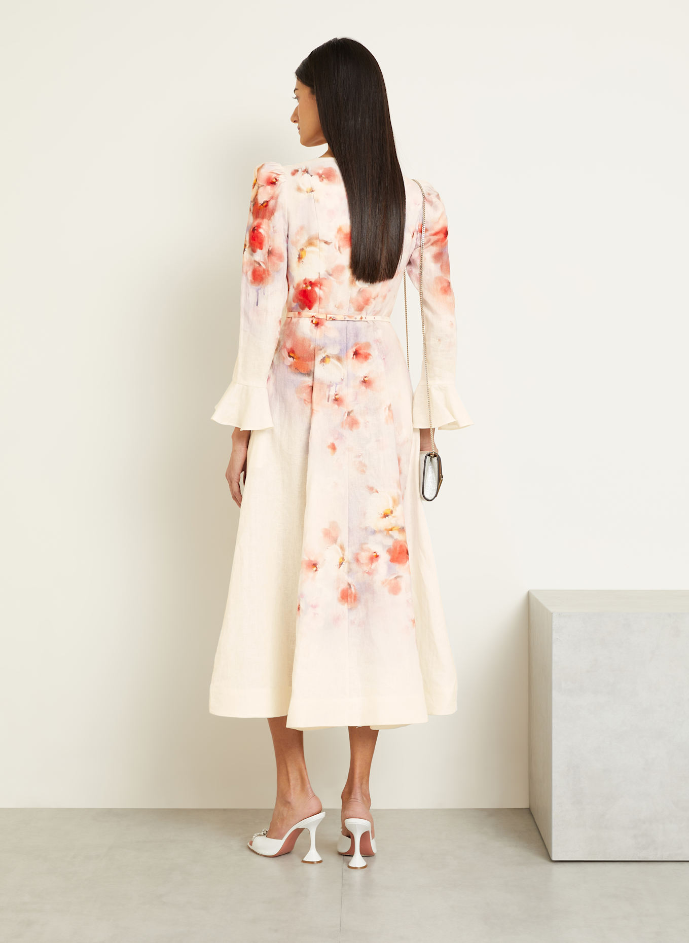 ZIMMERMANN Linen dress with frills and decorative gems: WHITE / LIGHT RED / LIGHT PURPLE