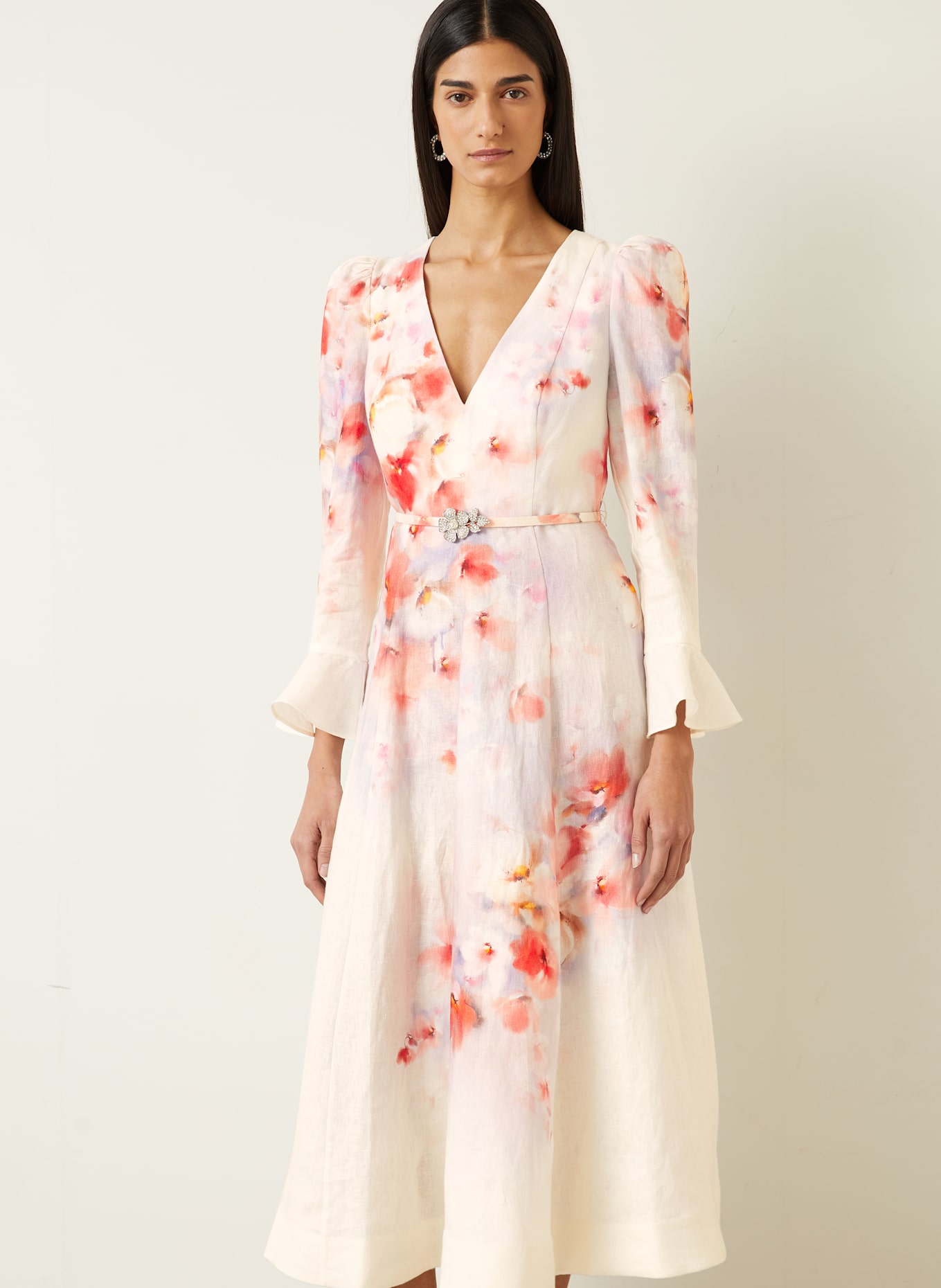 ZIMMERMANN Linen dress with frills and decorative gems: WHITE / LIGHT RED / LIGHT PURPLE