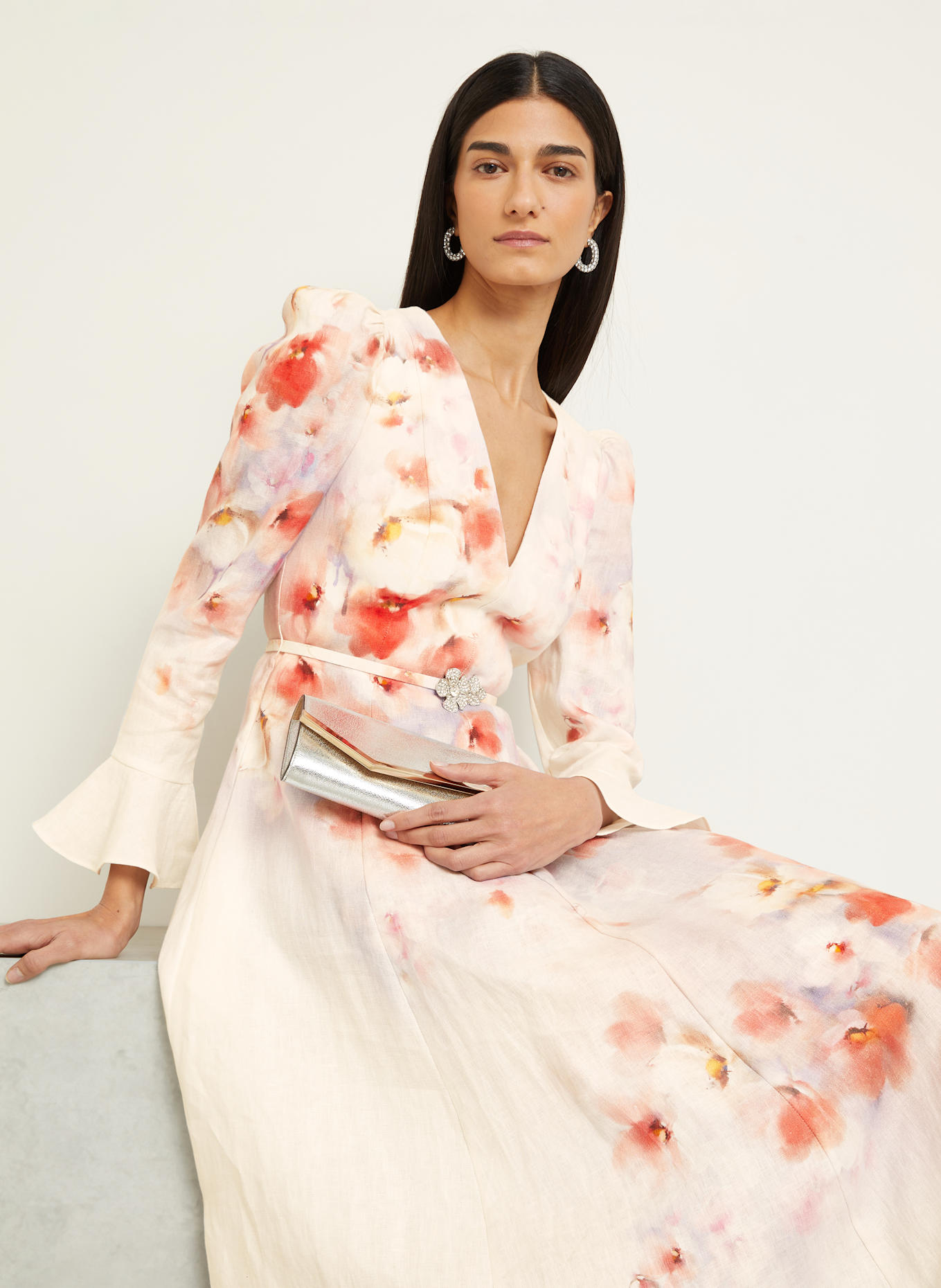 ZIMMERMANN Linen dress with frills and decorative gems: WHITE / LIGHT RED / LIGHT PURPLE