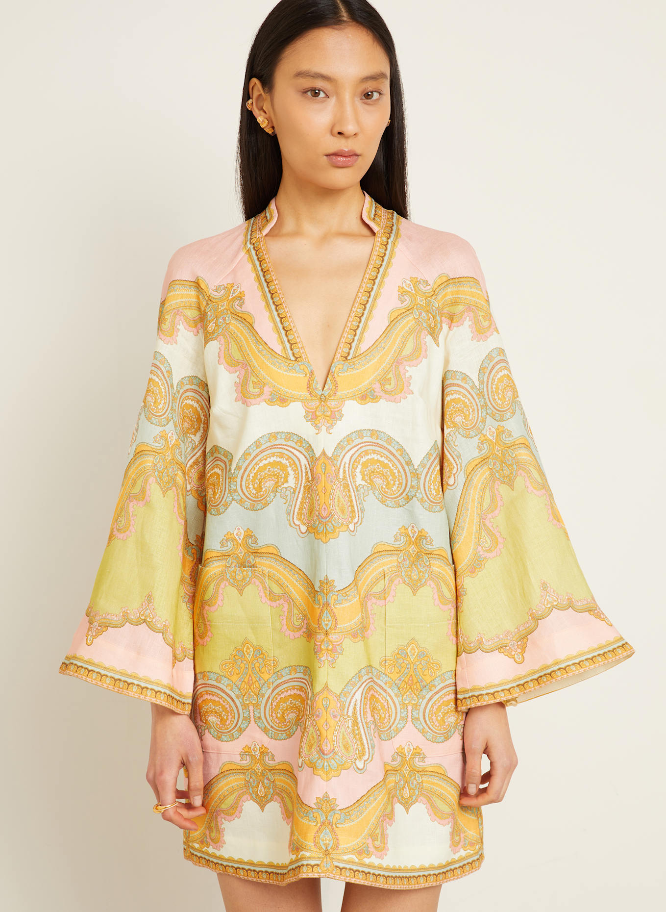 ZIMMERMANN Dress made of linen: DARK YELLOW / LIGHT GREEN / LIGHT PINK