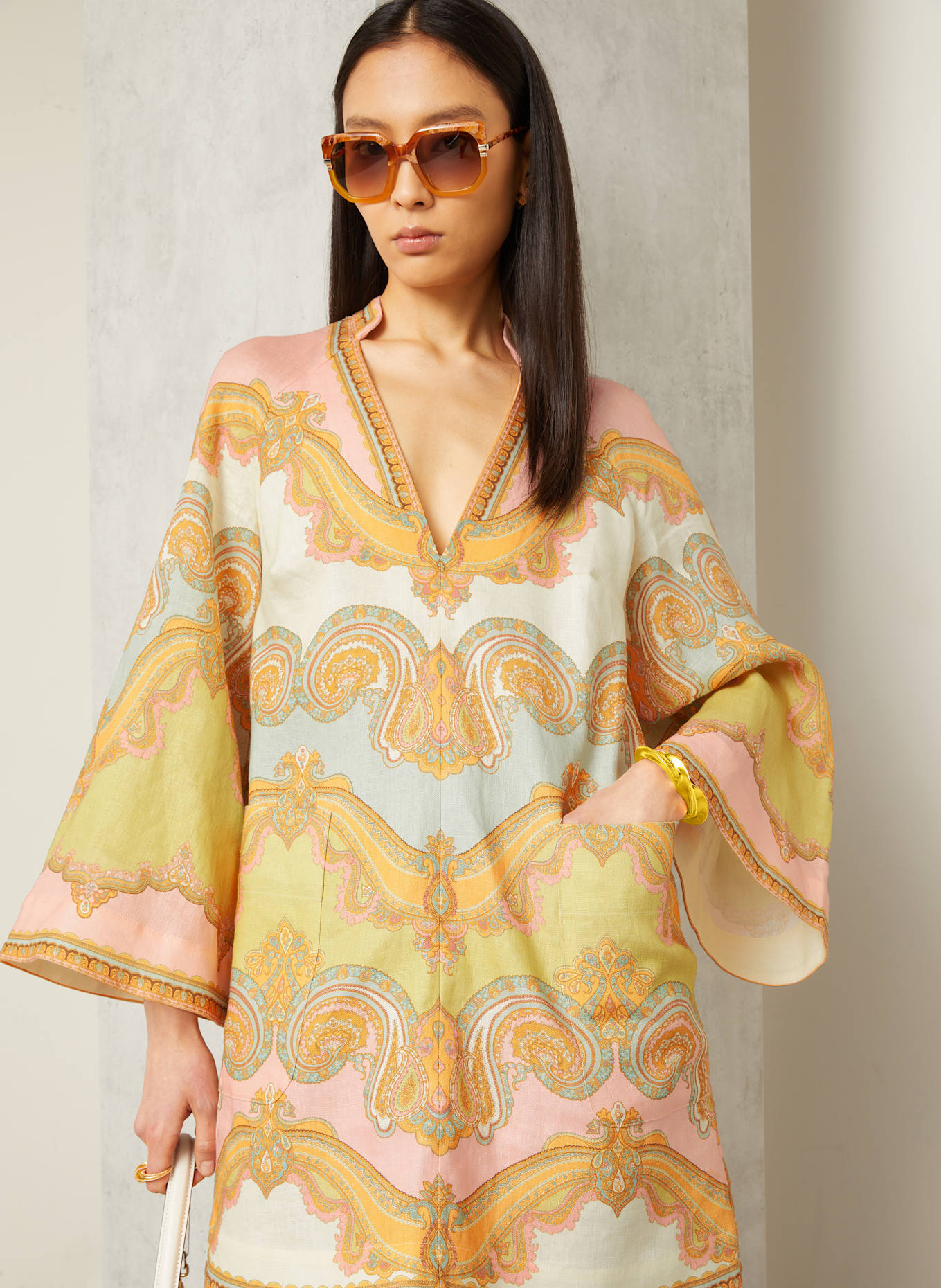 ZIMMERMANN Dress made of linen: DARK YELLOW / LIGHT GREEN / LIGHT PINK