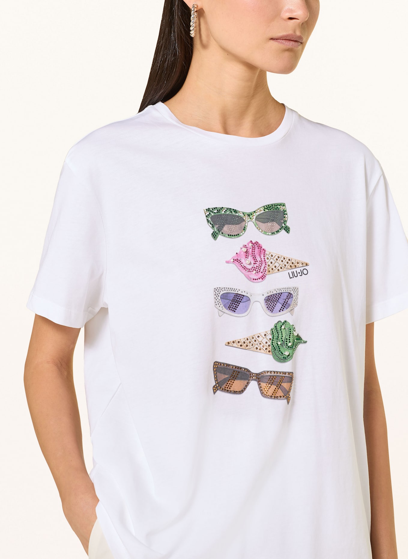 LIU JO T-Shirt mit Schmucksteinen und Schmuckperlen, Farbe: CREME (Bild 4)