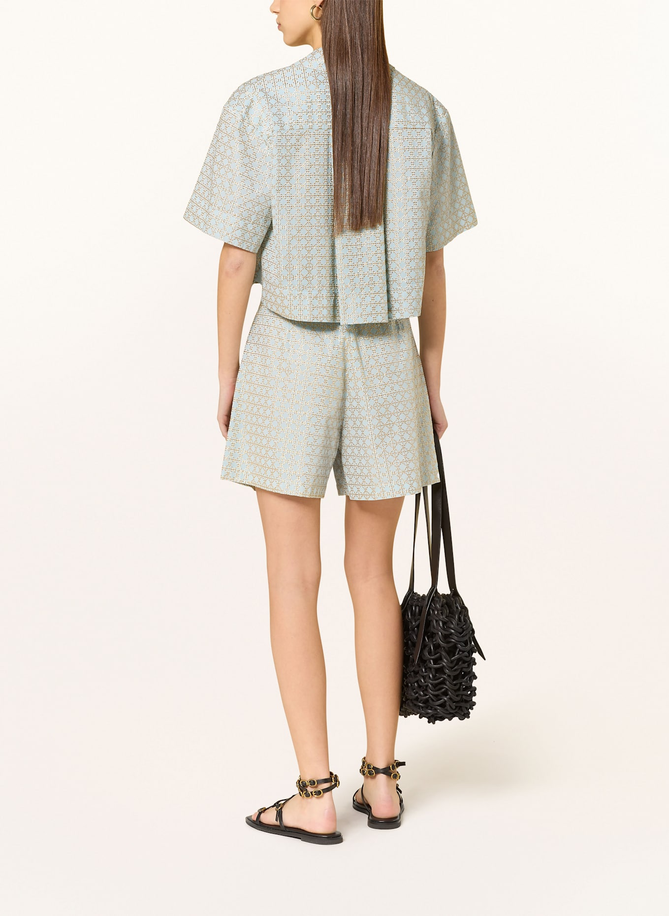 Greek Archaic Kori Cropped-Bluse CROSS mit Glitzergarn: HELLBLAU / GOLD