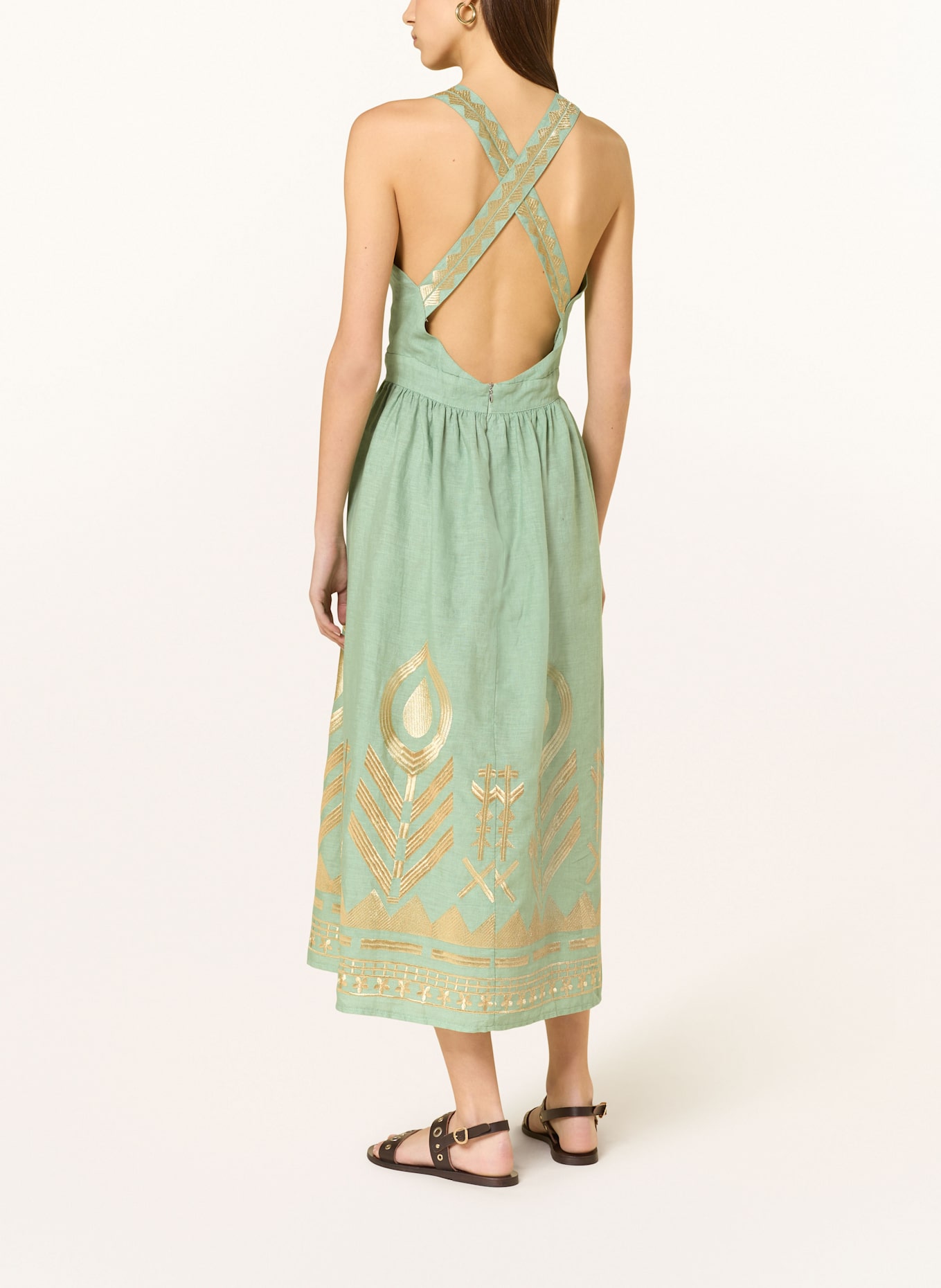 Greek Archaic Kori Kleid FEATHER aus Leinen: HELLGRÜN / GOLD