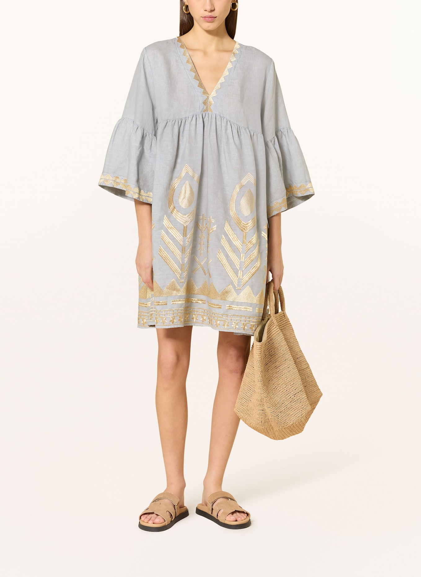 Greek Archaic Kori Beach dress FEATHER in linen with 3/4 sleeves: LIGHT GRAY / GOLD