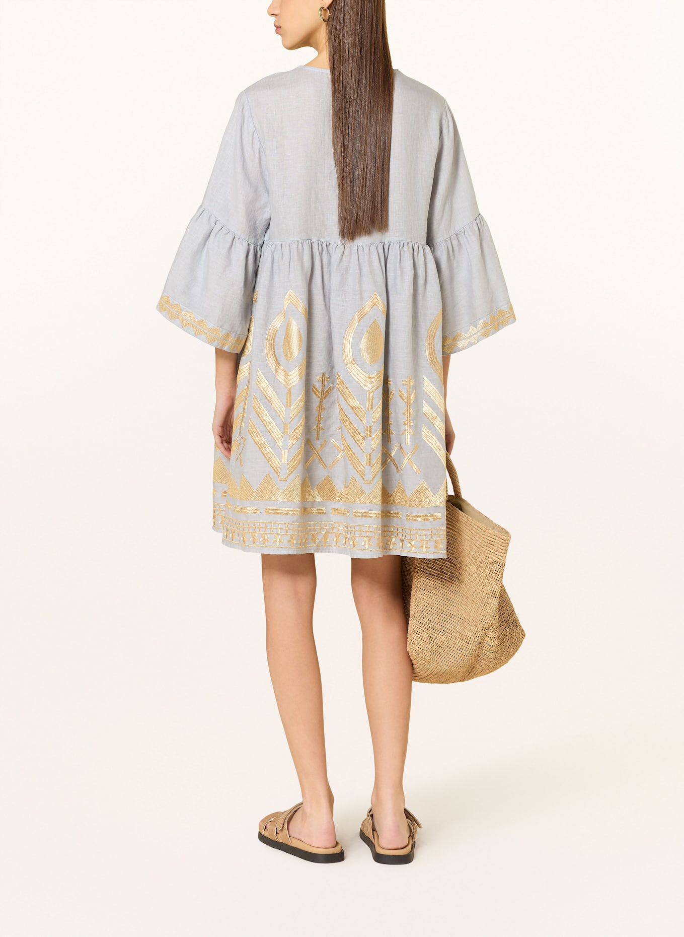 Greek Archaic Kori Beach dress FEATHER in linen with 3/4 sleeves: LIGHT GRAY / GOLD