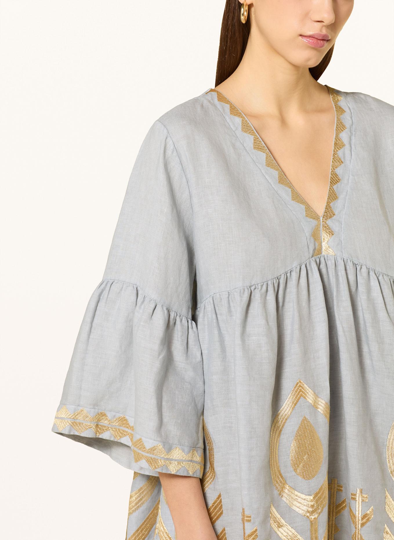 Greek Archaic Kori Beach dress FEATHER in linen with 3/4 sleeves: LIGHT GRAY / GOLD