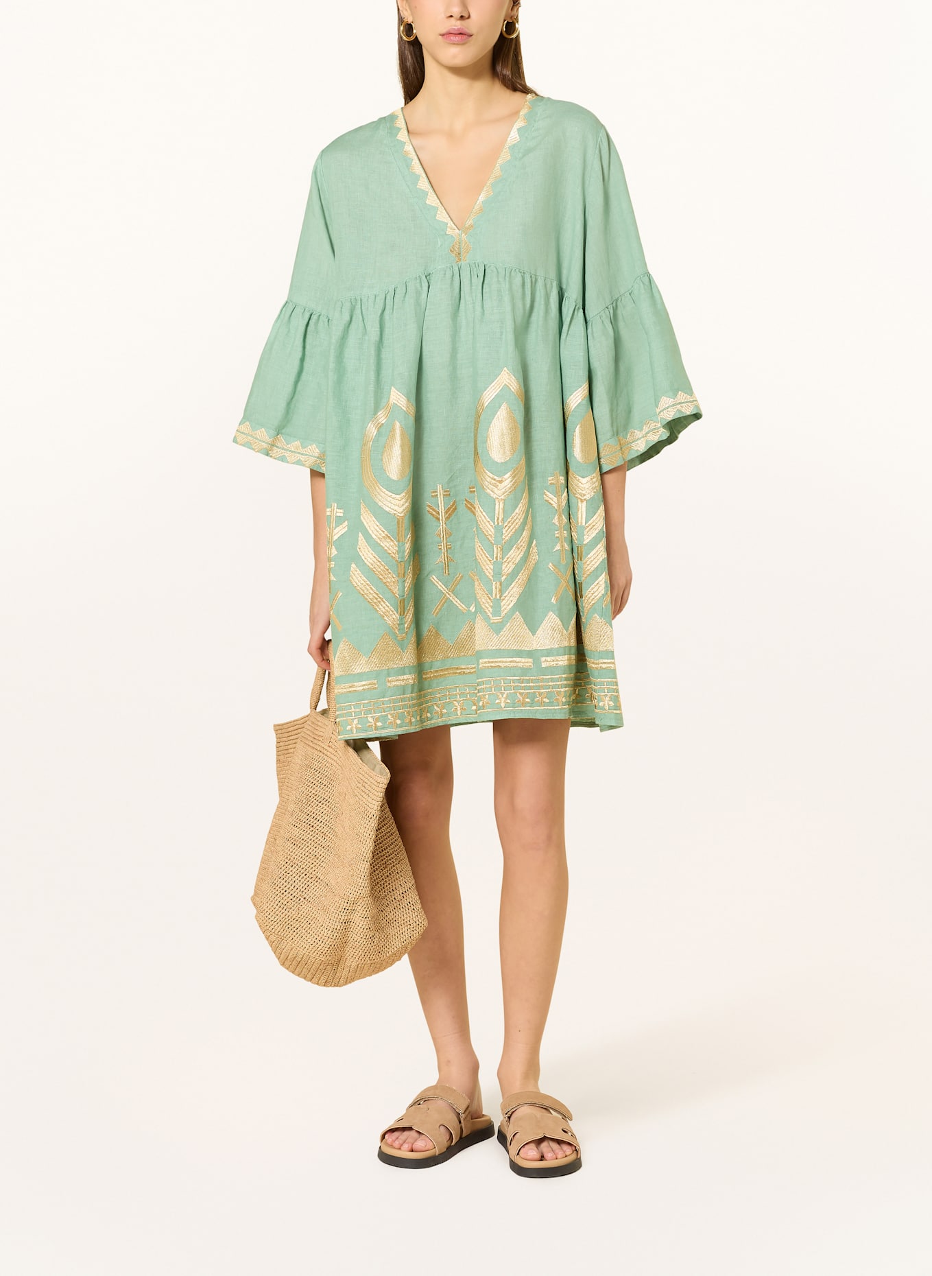 Greek Archaic Kori Beach dress FEATHER in linen with 3/4 sleeves: LIGHT GREEN / GOLD